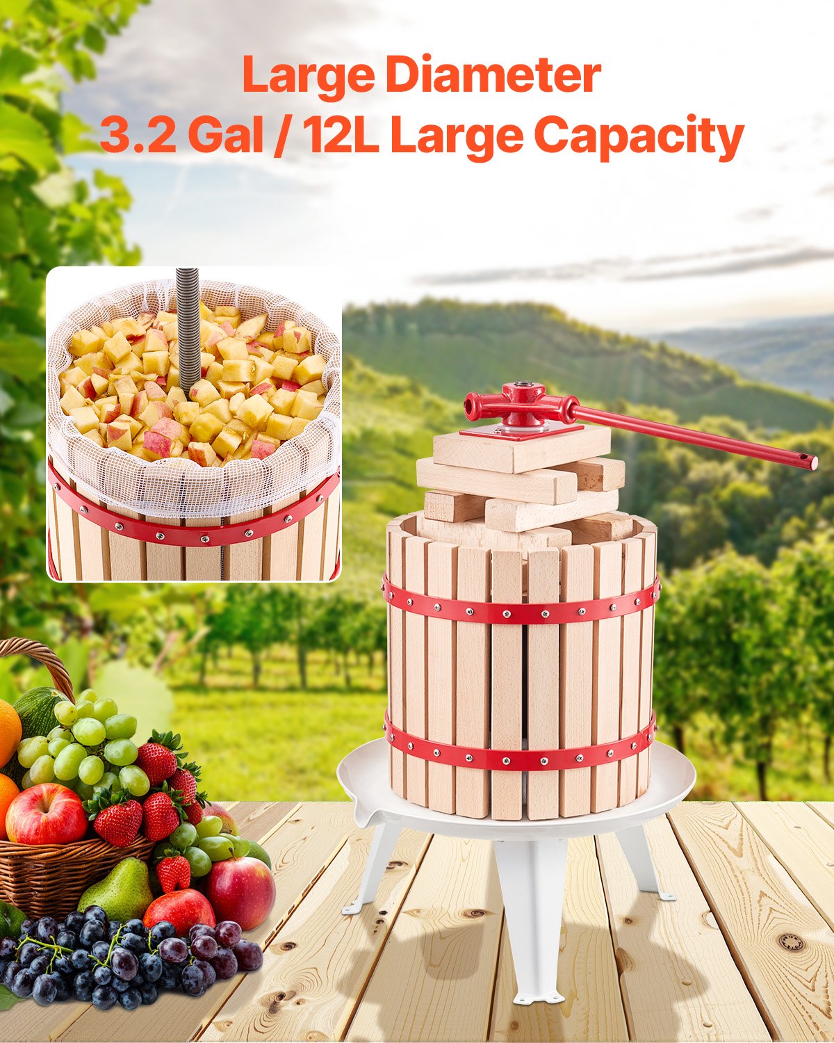 Kitchen & Bathroom DIY: VEVOR Fruit Wine Press Manual Press for Wine Making 3.2 Gal/12L Wood Basket