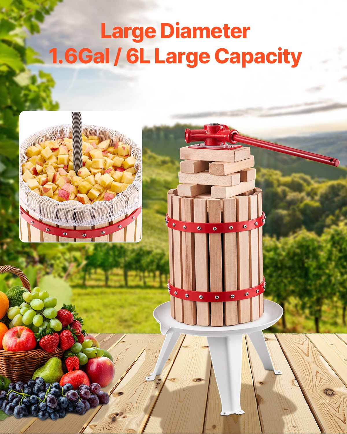 Food Storage: VEVOR 1.6 Gal/6L Fruit Wine Press, Solid Wood Basket with 8 Blocks, Heavy Duty Manual Juice Maker, Cider Apple Grape Tincture Honey Olive Oil Making Press with Handle for Kitchen, Home