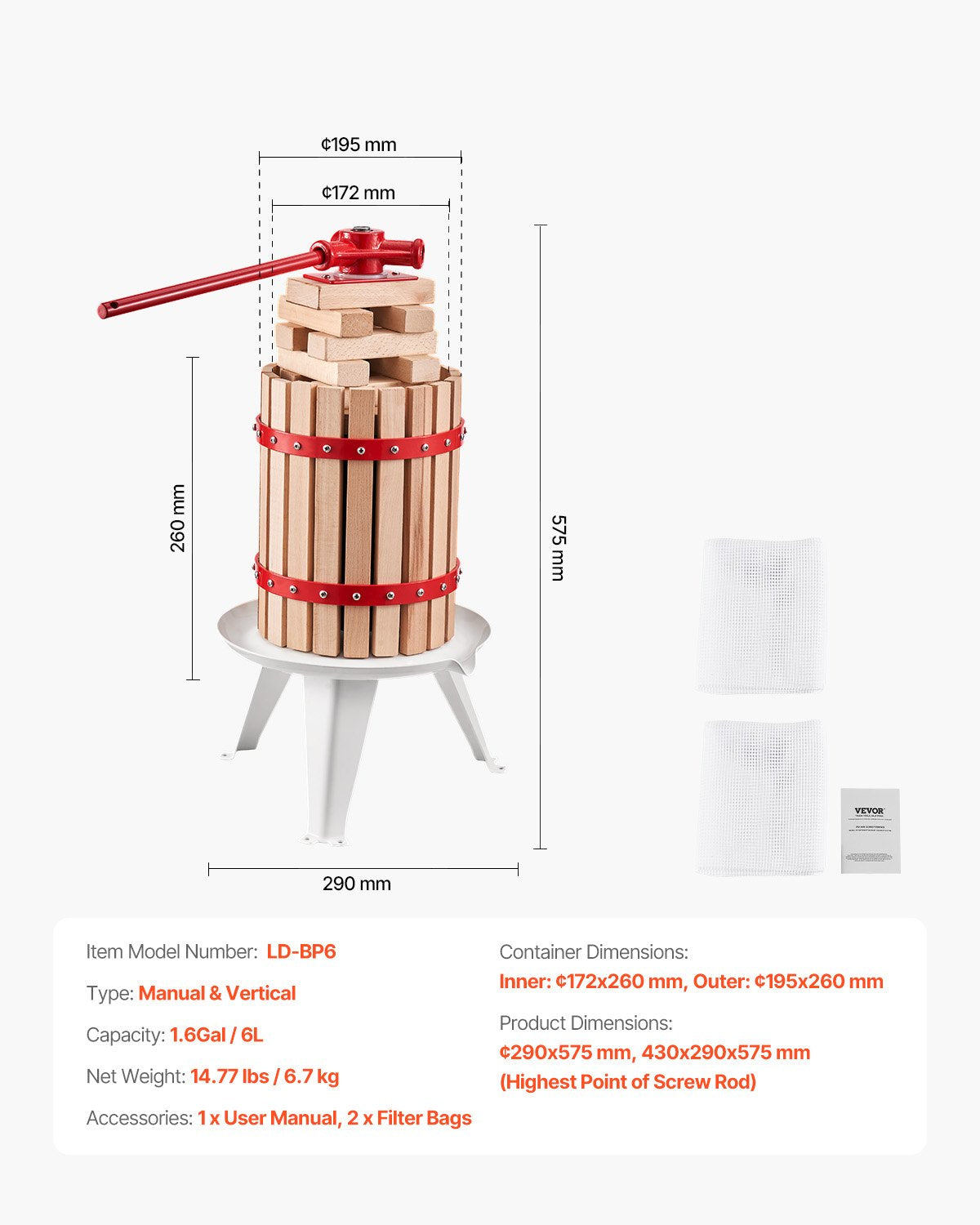 Food Storage: VEVOR 1.6 Gal/6L Fruit Wine Press, Solid Wood Basket with 8 Blocks, Heavy Duty Manual Juice Maker, Cider Apple Grape Tincture Honey Olive Oil Making Press with Handle for Kitchen, Home