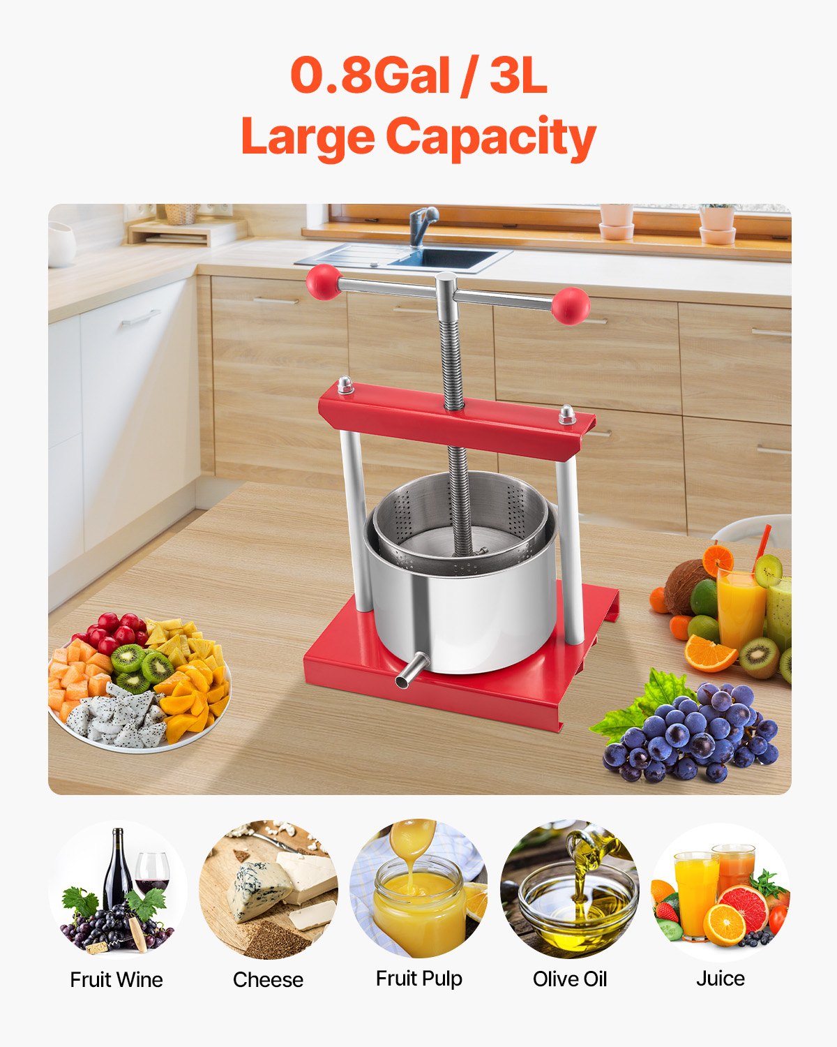 Gardening Tools: VEVOR 0.8 Gal/3L Fruit Wine Press, 2 Stainless Steel Barrels, Manual Juice Maker, Cider Apple Grape Tincture Honey Olive Oil Making Press with T-Handle for Outdoor Kitchen Home