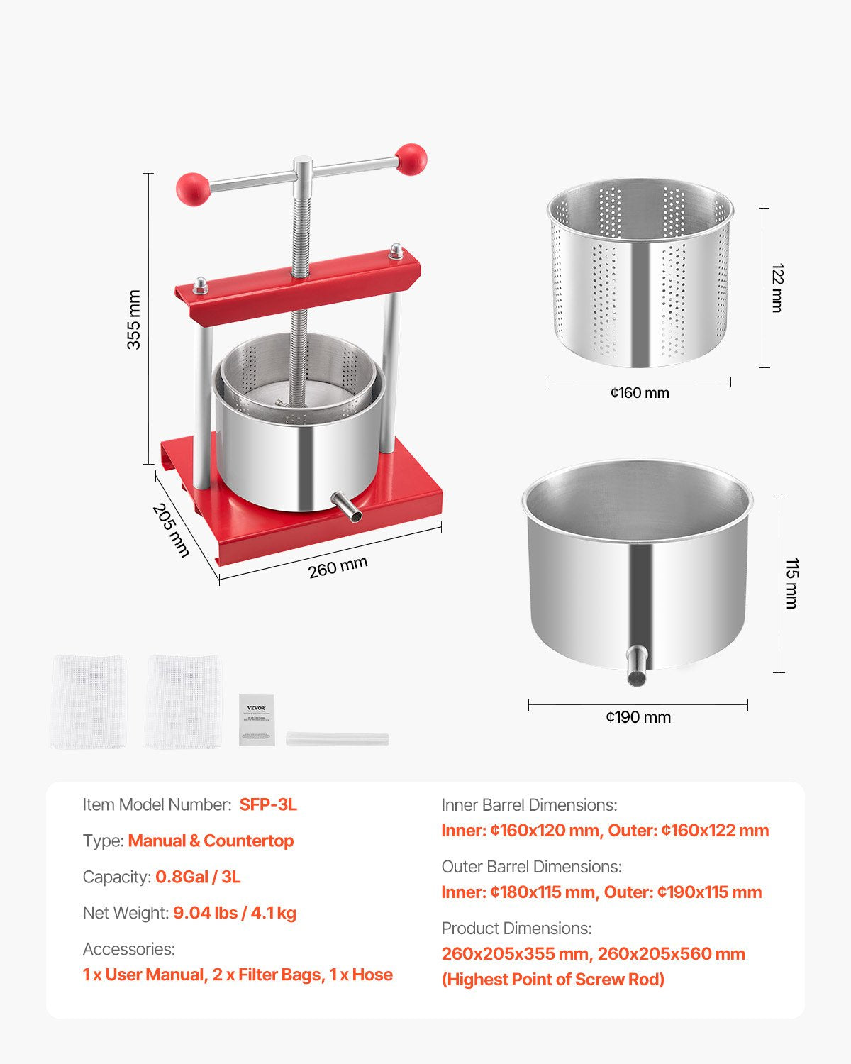 Gardening Tools: VEVOR 0.8 Gal/3L Fruit Wine Press, 2 Stainless Steel Barrels, Manual Juice Maker, Cider Apple Grape Tincture Honey Olive Oil Making Press with T-Handle for Outdoor Kitchen Home