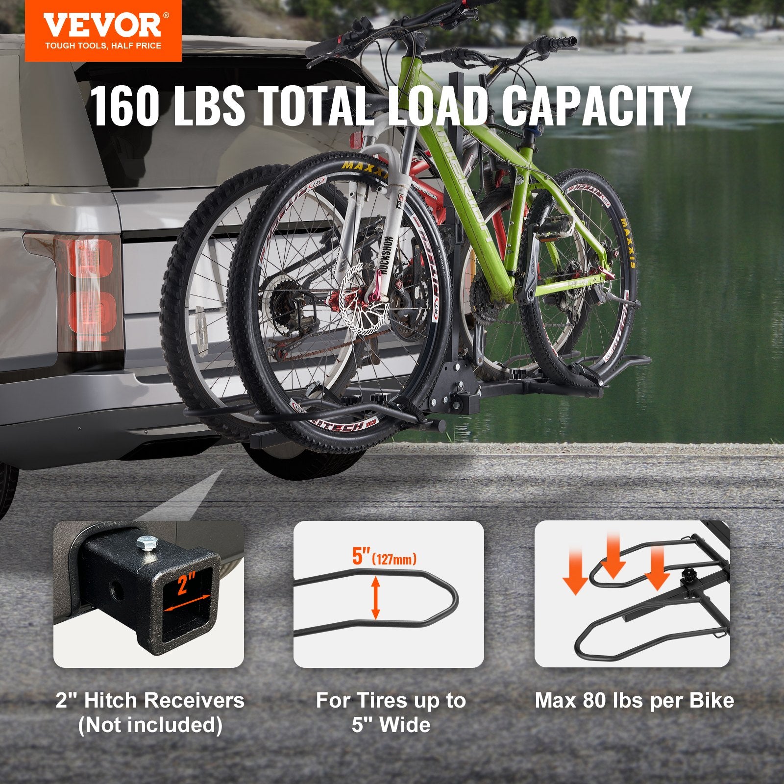Bicycle Stands & Storage: VEVOR 2-Bike Rack Hitch Mount 160lbs Folding Carrier Car Truck SUV 2