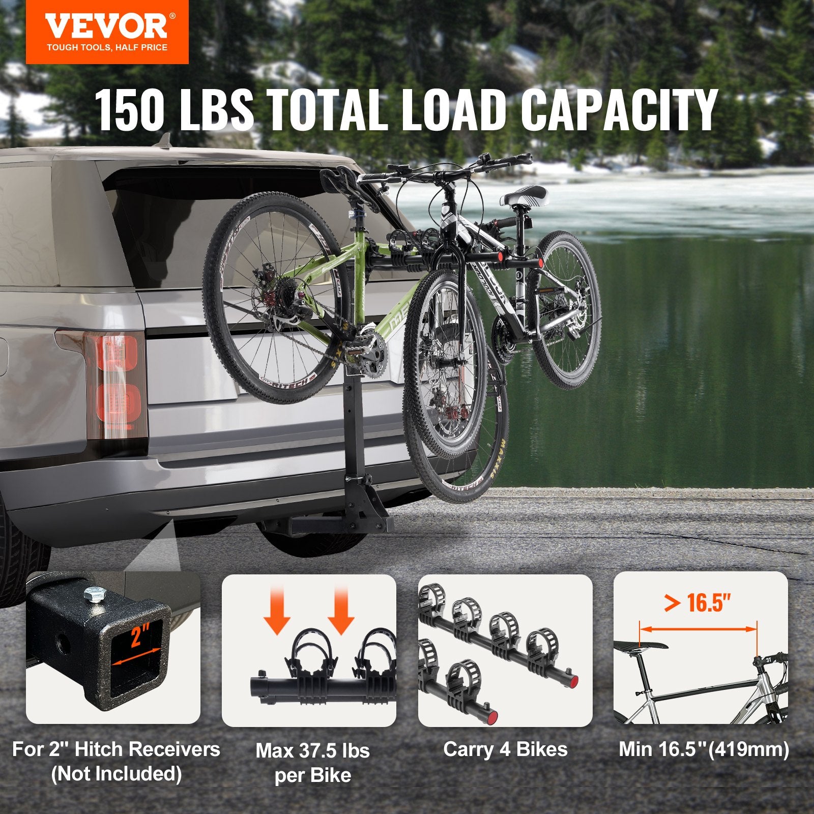 Bicycle Stands & Storage: VEVOR 4 Bike Rack Hitch Mount Folding Swing Down Bicycle Carrier Car Truck SUV 150 lbs