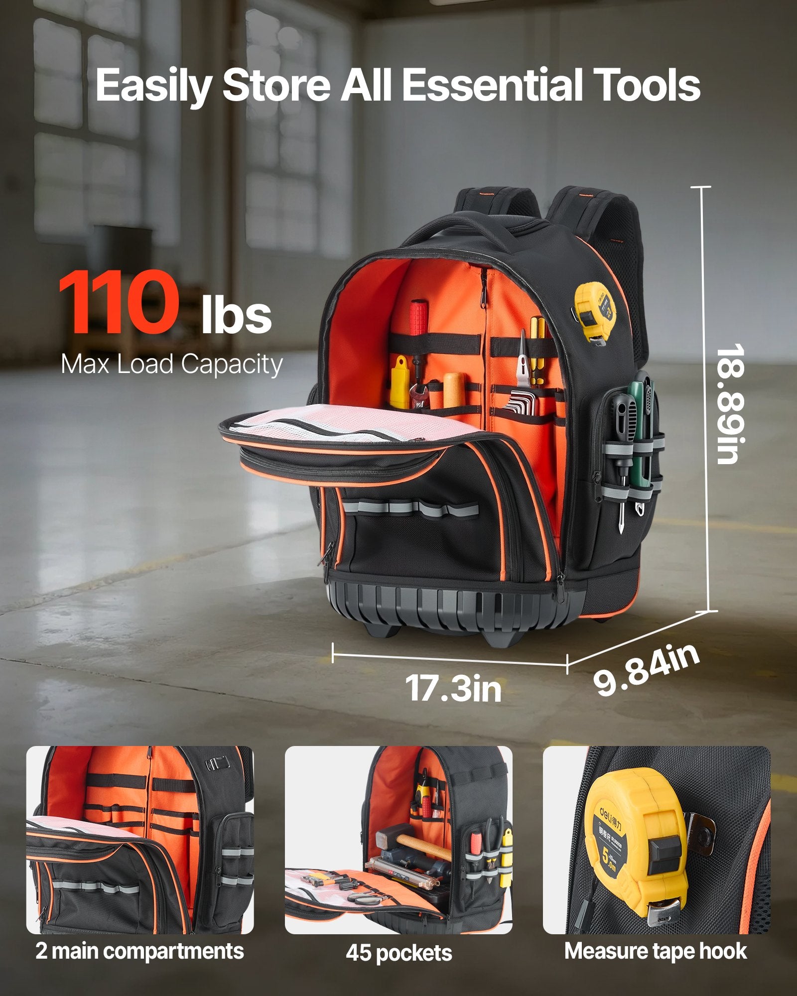 Mobility & Accessibility: VEVOR Rolling Tool Backpack, 110 lbs Load Capacity, 45 Pockets Heavy Duty Roller Tool Bag on Wheels, Adjustable Telescoping Handle & Stable Base, Toolbag Organizers for Construction, Mechanic