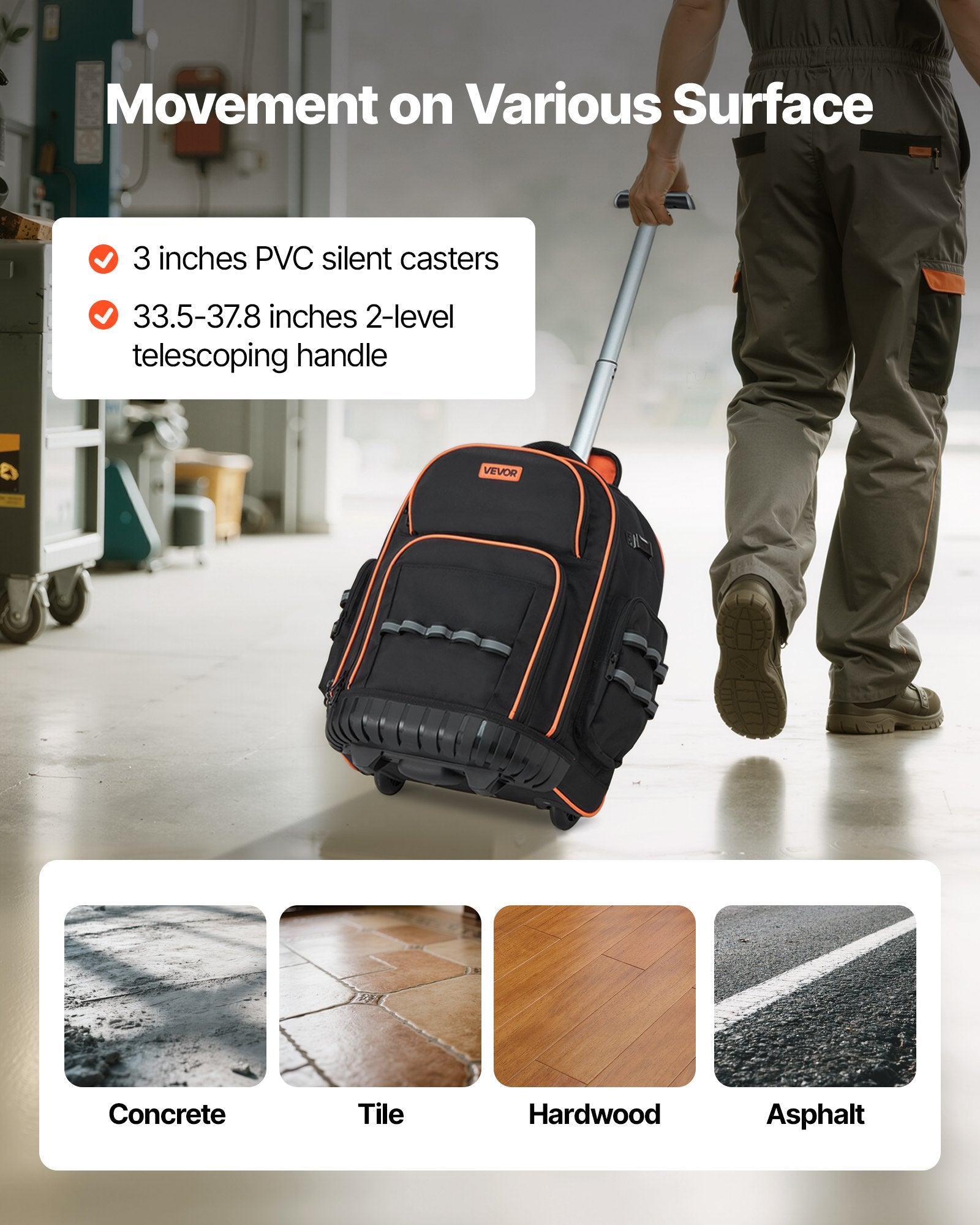 Mobility & Accessibility: VEVOR Rolling Tool Backpack, 110 lbs Load Capacity, 45 Pockets Heavy Duty Roller Tool Bag on Wheels, Adjustable Telescoping Handle & Stable Base, Toolbag Organizers for Construction, Mechanic