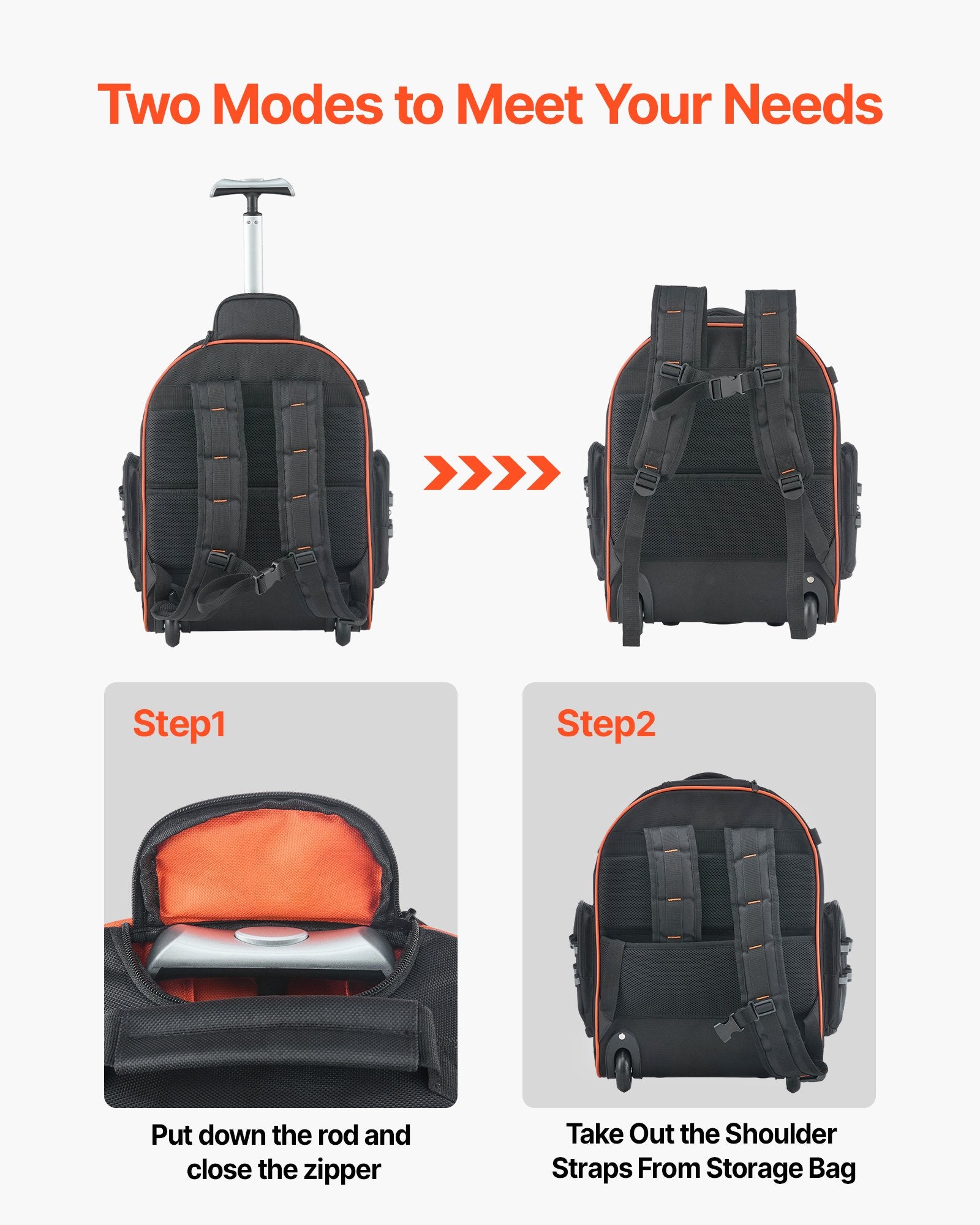 Mobility & Accessibility: VEVOR Rolling Tool Backpack, 110 lbs Load Capacity, 45 Pockets Heavy Duty Roller Tool Bag on Wheels, Adjustable Telescoping Handle & Stable Base, Toolbag Organizers for Construction, Mechanic