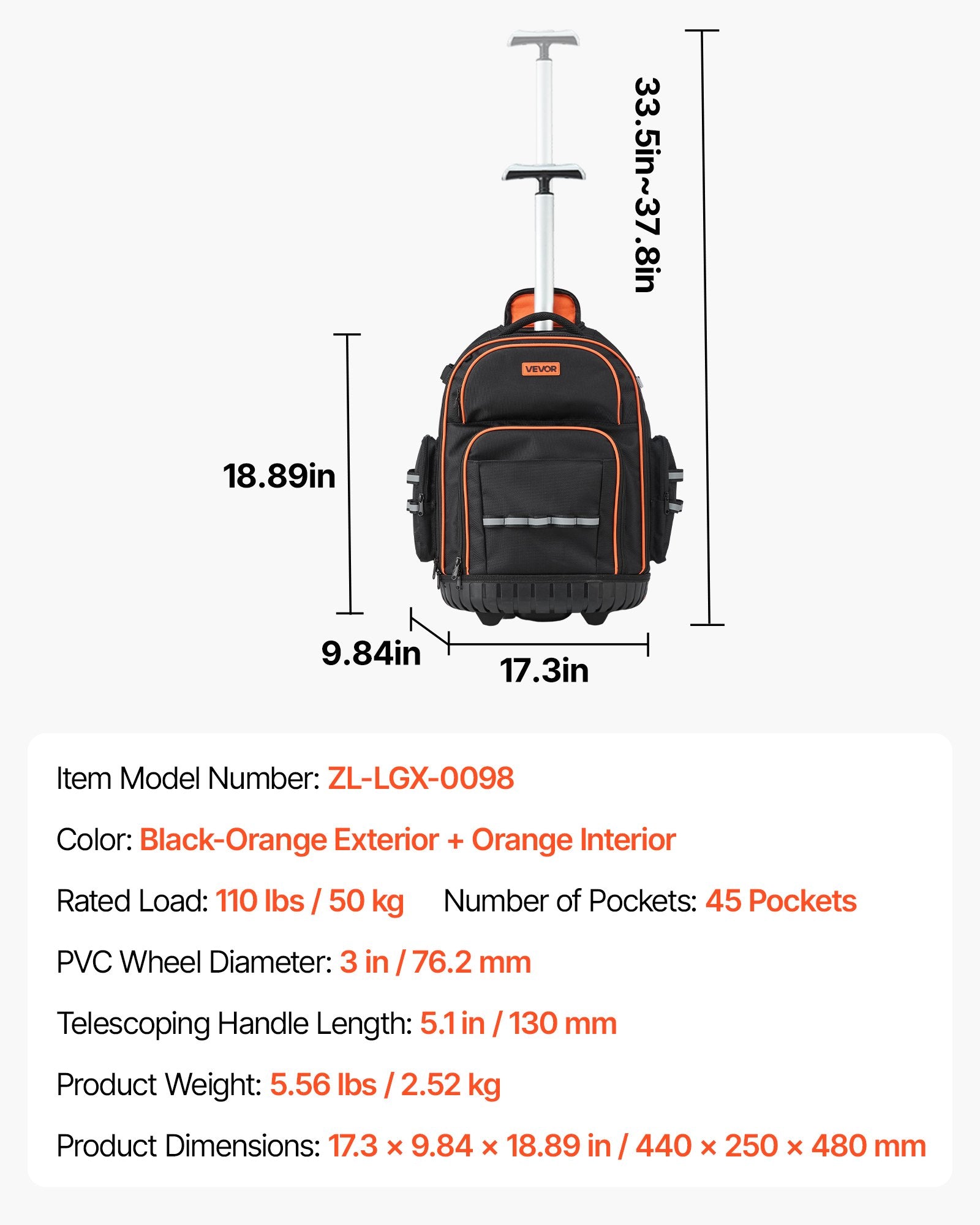Mobility & Accessibility: VEVOR Rolling Tool Backpack, 110 lbs Load Capacity, 45 Pockets Heavy Duty Roller Tool Bag on Wheels, Adjustable Telescoping Handle & Stable Base, Toolbag Organizers for Construction, Mechanic