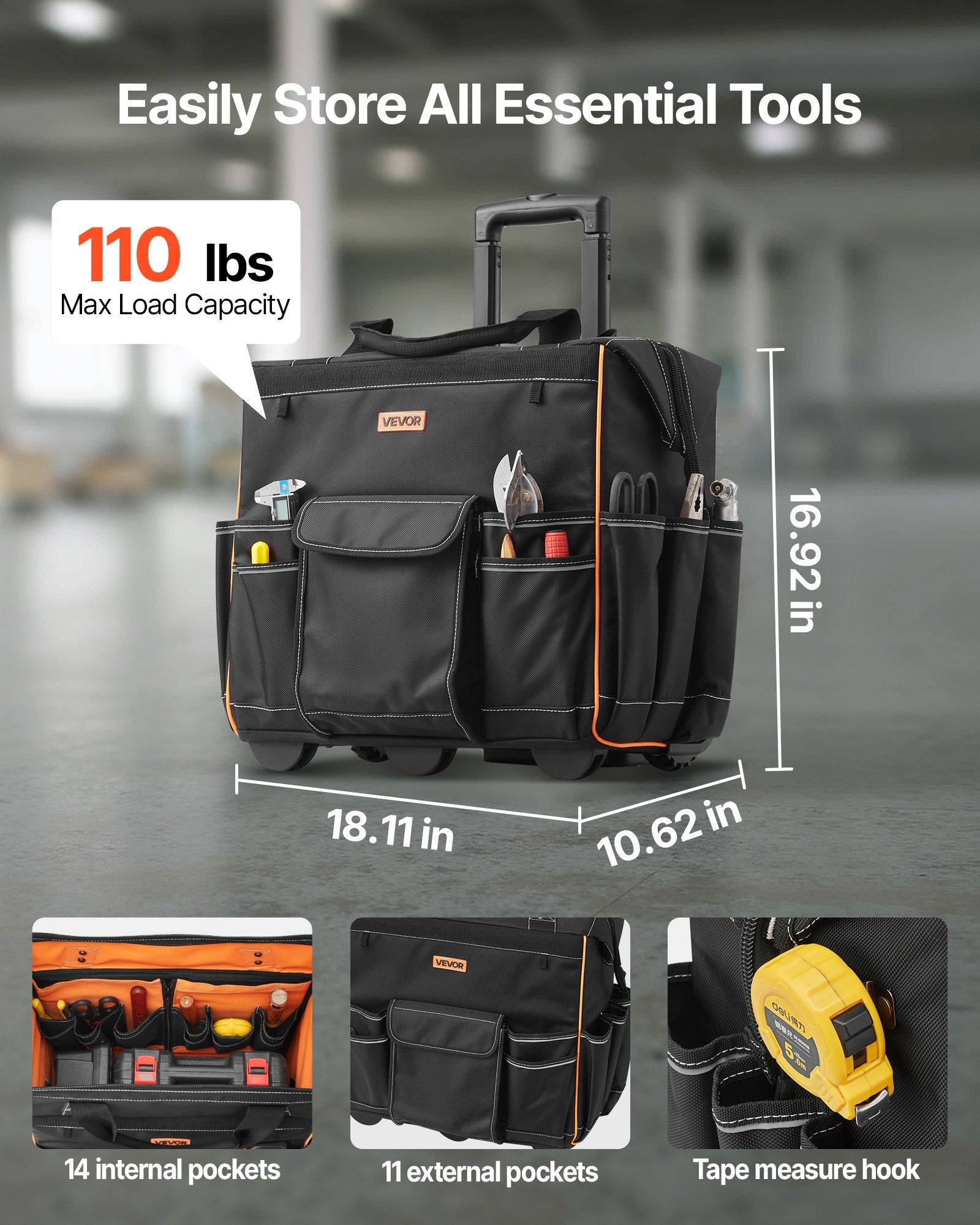 Mobility & Accessibility: VEVOR Rolling Tool Bag, 110 lbs Load Capacity, 25 Pockets Heavy Duty Roller Tool Bag with Adjustable Telescoping Handle & Stable Base, Toolbag Organizers with Wheels for Electrician, Construction
