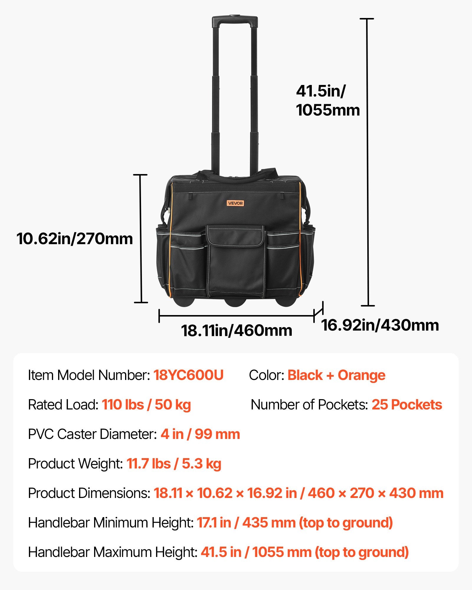 Mobility & Accessibility: VEVOR Rolling Tool Bag, 110 lbs Load Capacity, 25 Pockets Heavy Duty Roller Tool Bag with Adjustable Telescoping Handle & Stable Base, Toolbag Organizers with Wheels for Electrician, Construction