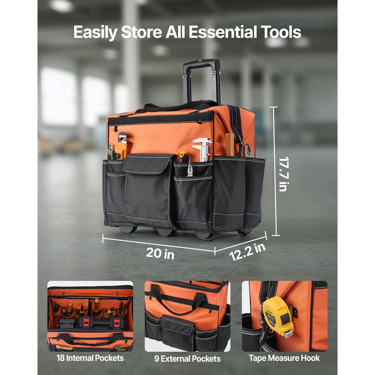 Rolling Tool Bag, 110 lbs Load Capacity, 27 Pockets Heavy Duty Roller Tool Bag on Wheels, Adjustable Telescoping Handle & Stable Base, Toolbag Organizers with Wheels for Construction, Mechanic