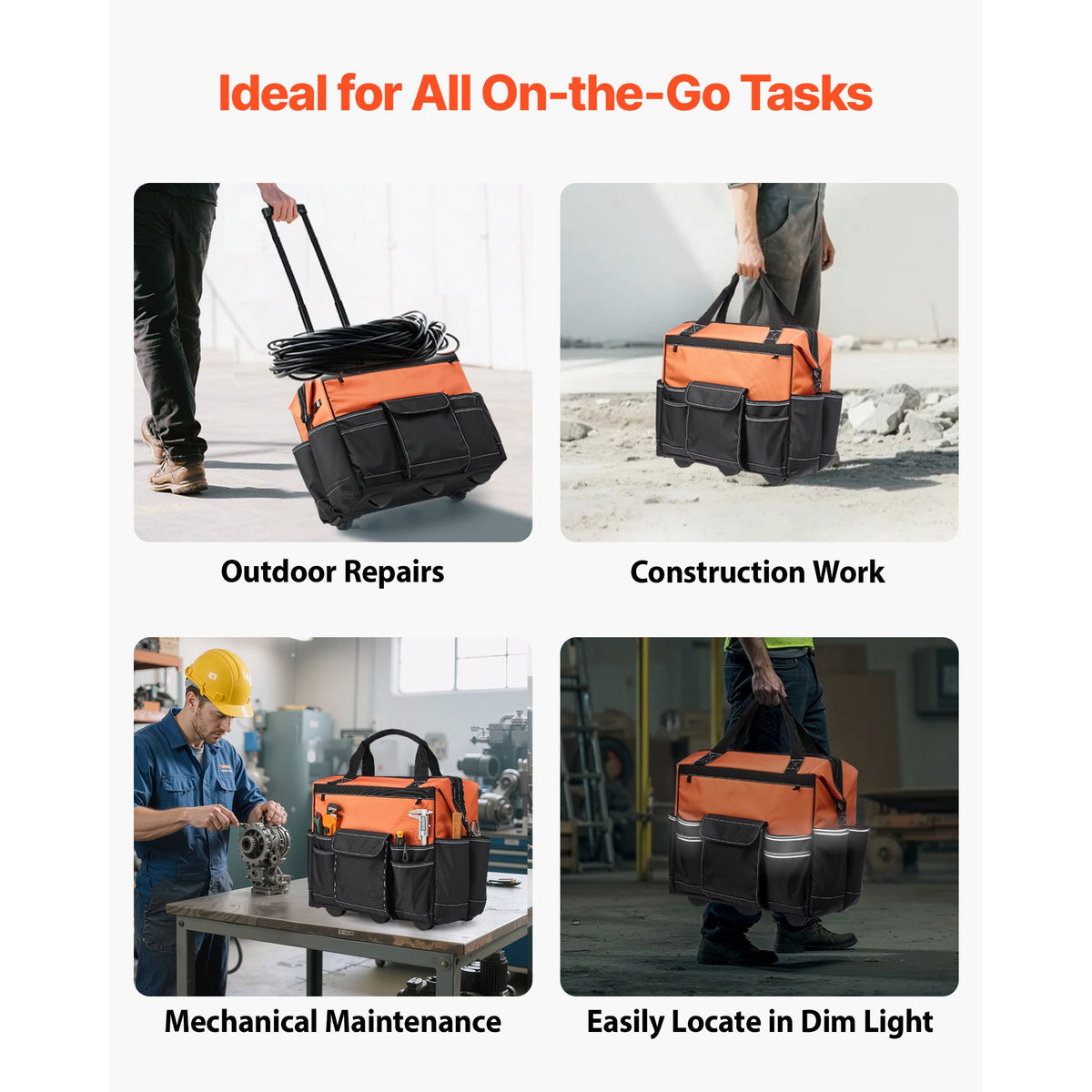 Rolling Tool Bag, 110 lbs Load Capacity, 27 Pockets Heavy Duty Roller Tool Bag on Wheels, Adjustable Telescoping Handle & Stable Base, Toolbag Organizers with Wheels for Construction, Mechanic