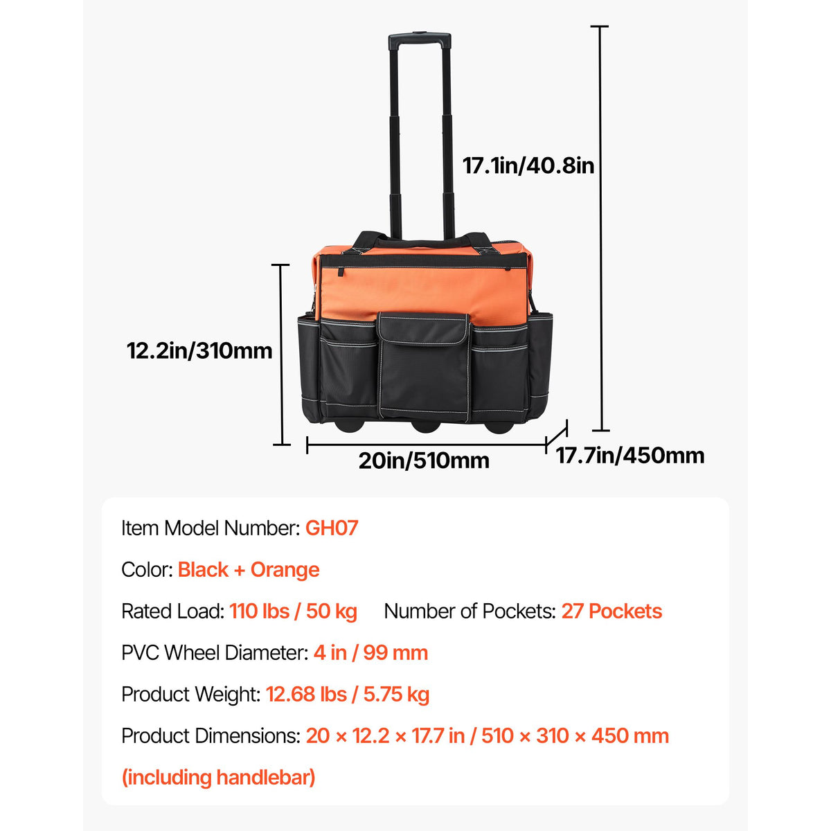 Rolling Tool Bag, 110 lbs Load Capacity, 27 Pockets Heavy Duty Roller Tool Bag on Wheels, Adjustable Telescoping Handle & Stable Base, Toolbag Organizers with Wheels for Construction, Mechanic