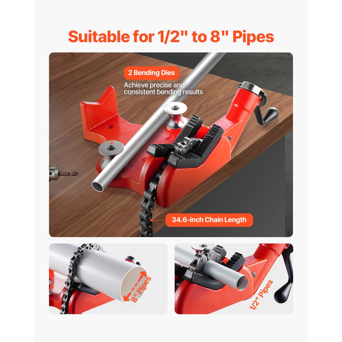 Heavy-Duty Pipe Chain Vise, 1/2" - 8" Pipe Capacity, 34.6" Rugged Chain & Cast Iron Base, Industrial-Grade Pipe Clamping for Plumbing, Automotive Repairs, Metalworking