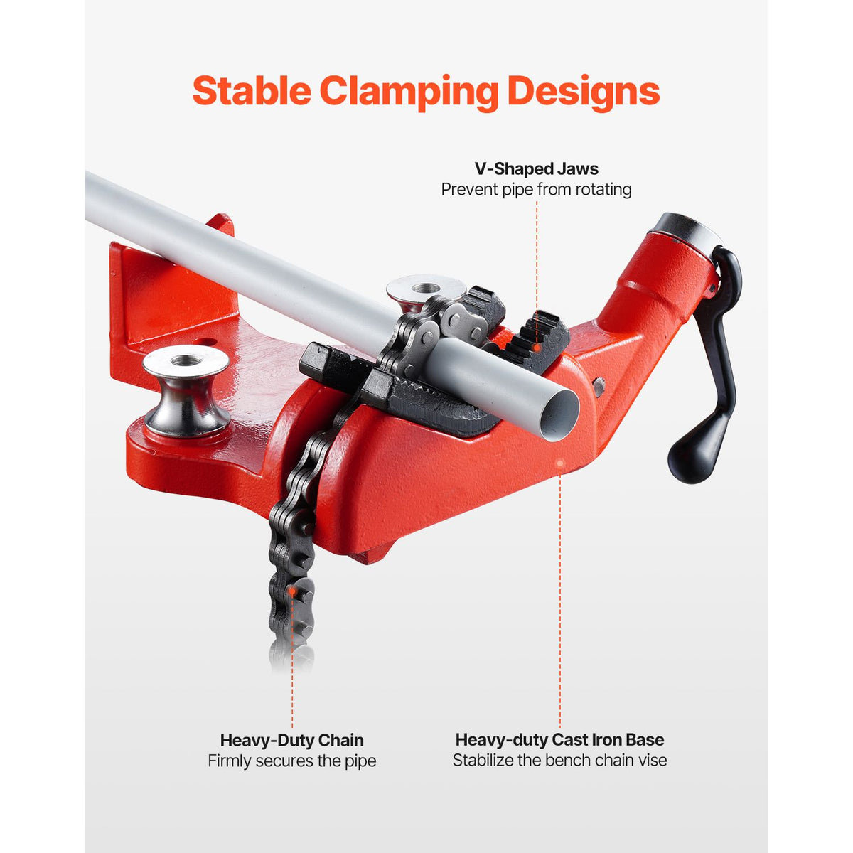 Heavy-Duty Pipe Chain Vise, 1/2" - 8" Pipe Capacity, 34.6" Rugged Chain & Cast Iron Base, Industrial-Grade Pipe Clamping for Plumbing, Automotive Repairs, Metalworking