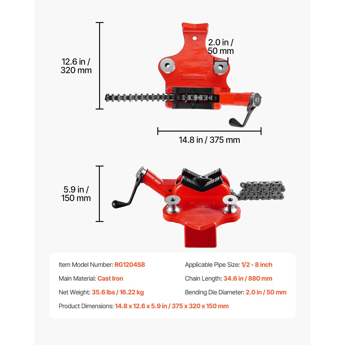 Heavy-Duty Pipe Chain Vise, 1/2" - 8" Pipe Capacity, 34.6" Rugged Chain & Cast Iron Base, Industrial-Grade Pipe Clamping for Plumbing, Automotive Repairs, Metalworking