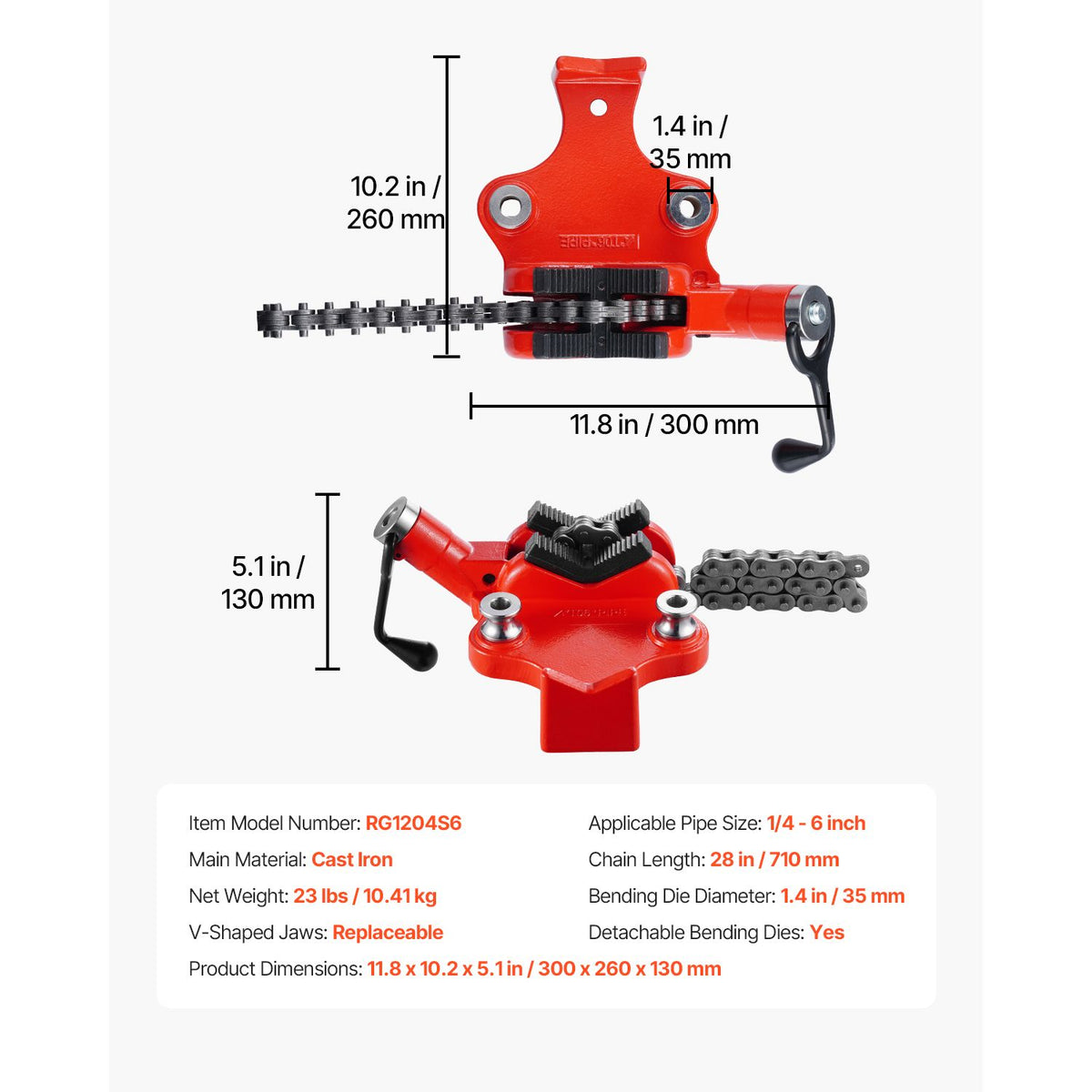 Heavy-Duty Pipe Chain Vise, 1/4" - 6" Pipe Capacity, 28" Rugged Chain & Cast Iron Base, Industrial-Grade Pipe Clamping for Plumbing, Automotive Repairs, Metalworking