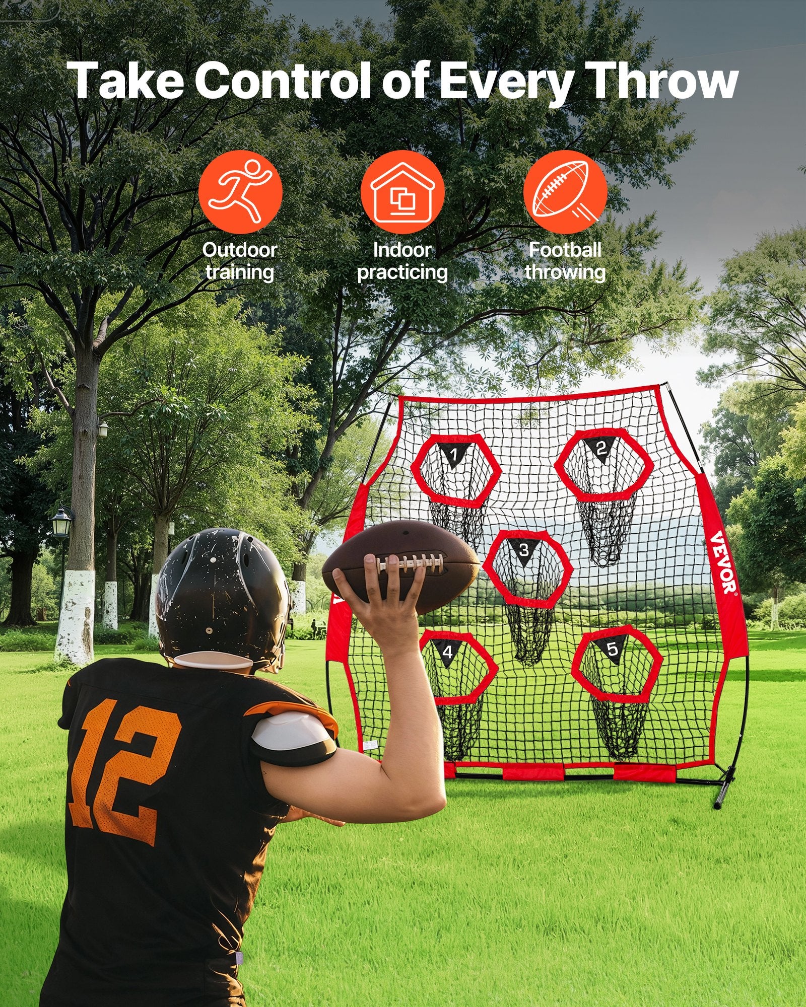 1828.8x1828.8mm Football Trainer Throwing Net, Training Throwing Target Practice Net with 5 Target Pockets, Knotless Net Includes Straps and Portable Carry Case, Improve QB Throwing Accuracy,Red