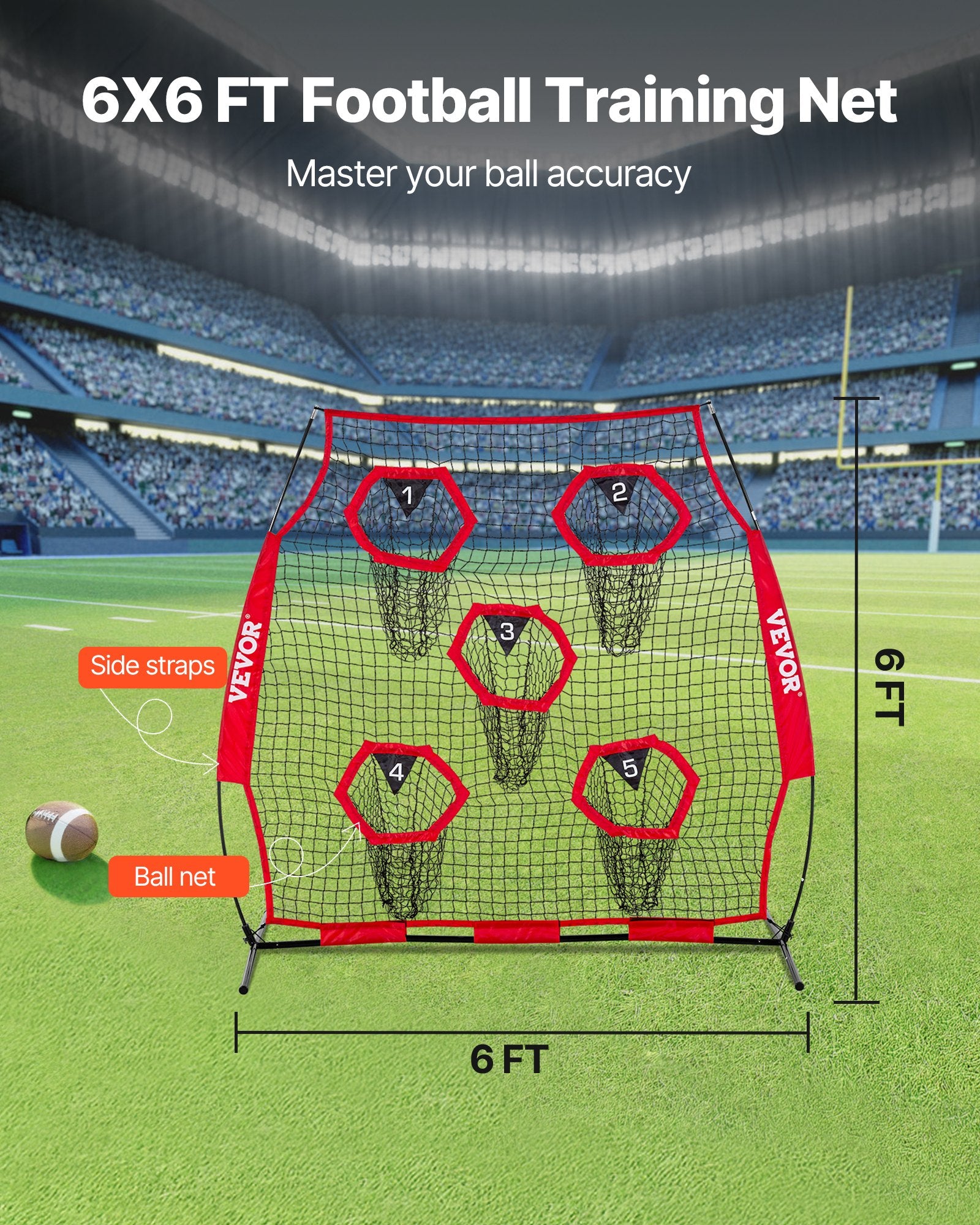 1828.8x1828.8mm Football Trainer Throwing Net, Training Throwing Target Practice Net with 5 Target Pockets, Knotless Net Includes Straps and Portable Carry Case, Improve QB Throwing Accuracy,Red