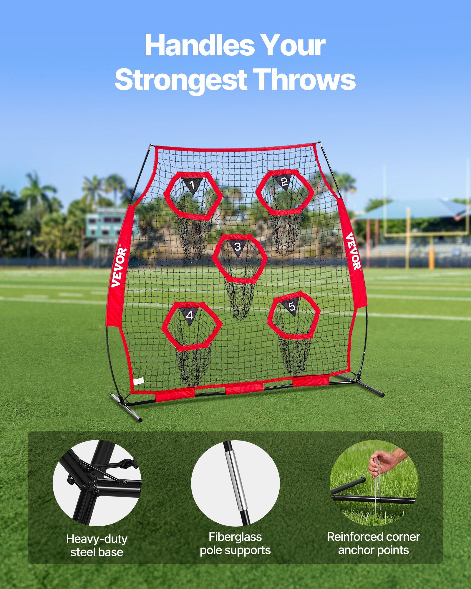 1828.8x1828.8mm Football Trainer Throwing Net, Training Throwing Target Practice Net with 5 Target Pockets, Knotless Net Includes Straps and Portable Carry Case, Improve QB Throwing Accuracy,Red