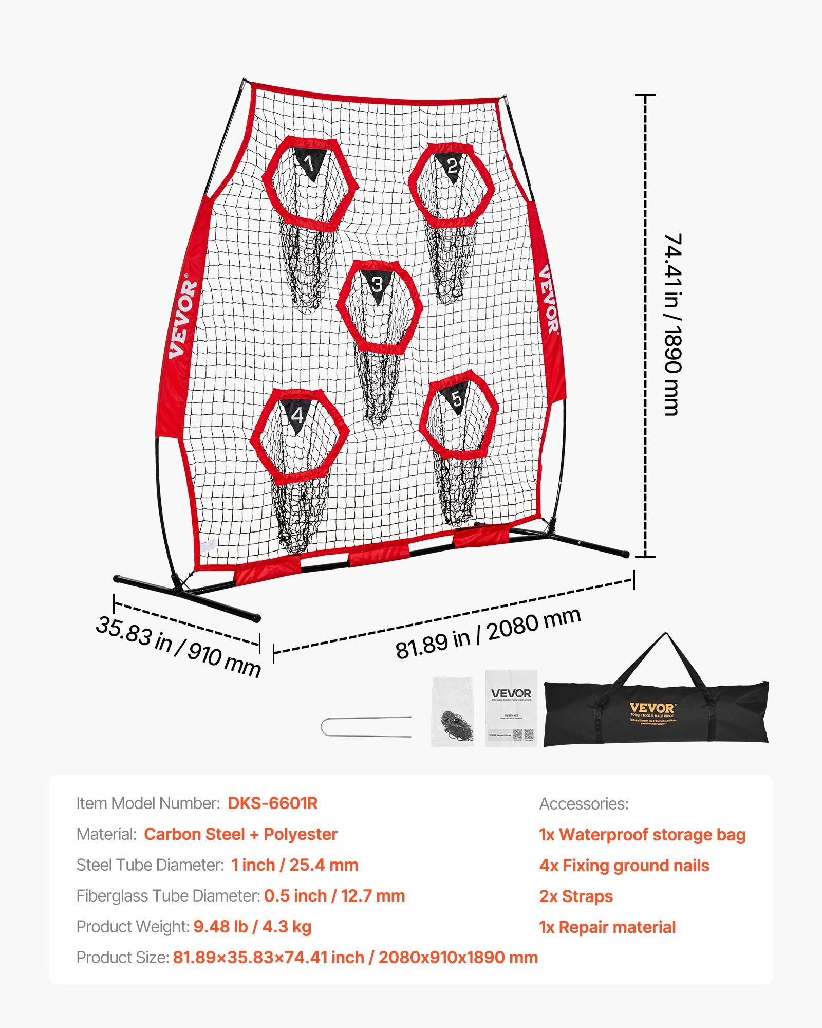 1828.8x1828.8mm Football Trainer Throwing Net, Training Throwing Target Practice Net with 5 Target Pockets, Knotless Net Includes Straps and Portable Carry Case, Improve QB Throwing Accuracy,Red