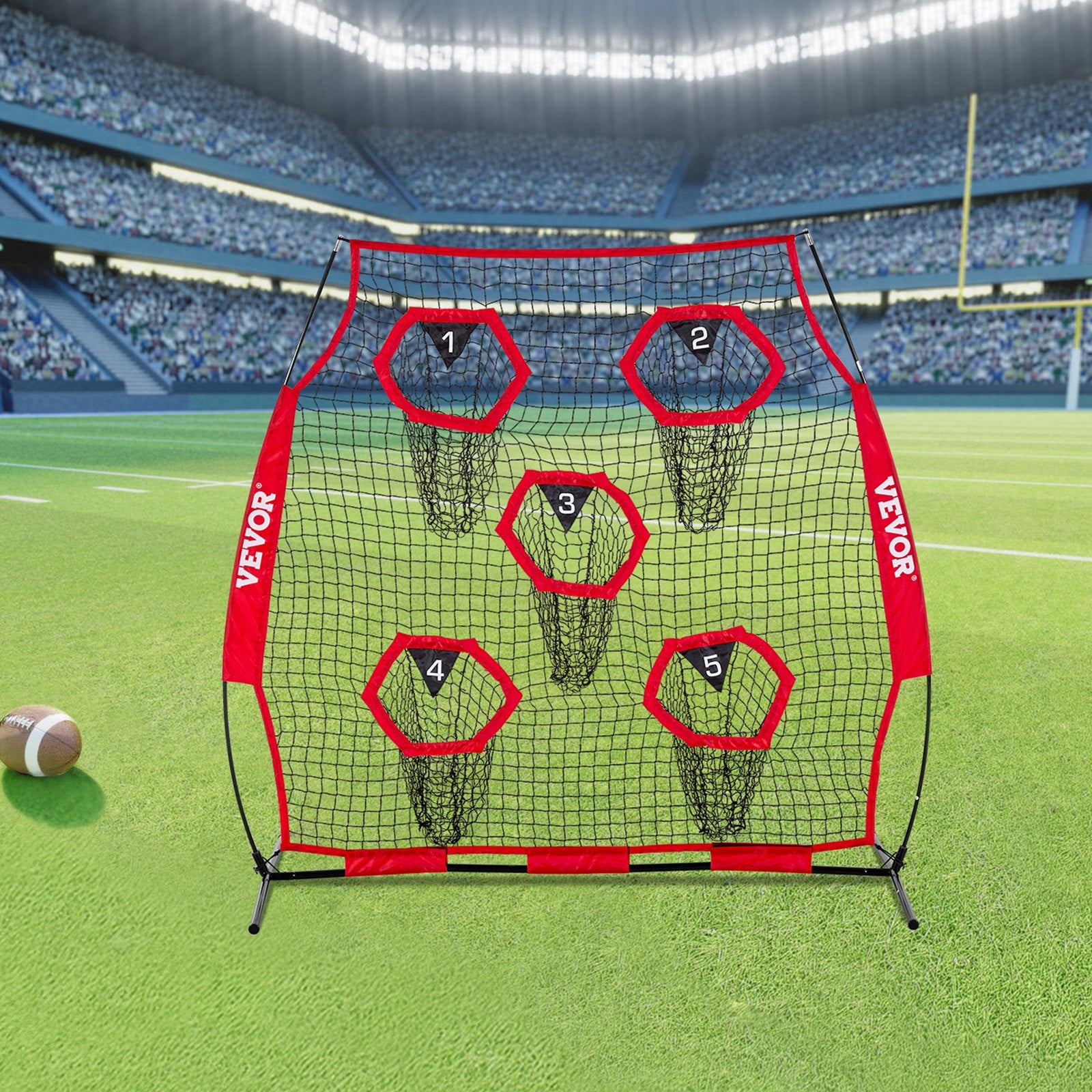 1828.8x1828.8mm Football Trainer Throwing Net, Training Throwing Target Practice Net with 5 Target Pockets, Knotless Net Includes Straps and Portable Carry Case, Improve QB Throwing Accuracy,Red