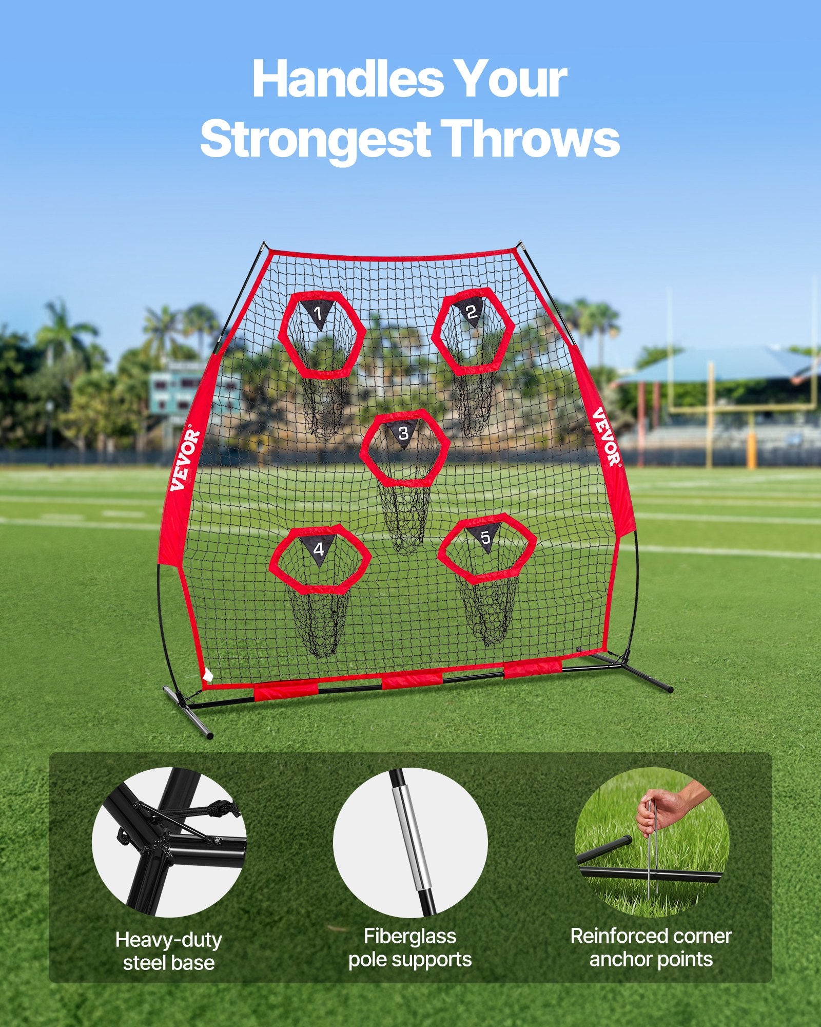 Farm Equipment: VEVOR 2133.6 x 2133.6mm Football Trainer Throwing Net, Training Throwing Target Practice Net with 5 Target Pockets, Knotless Net Includes Straps and Portable Carry Case, Improve QB Throwing Accuracy