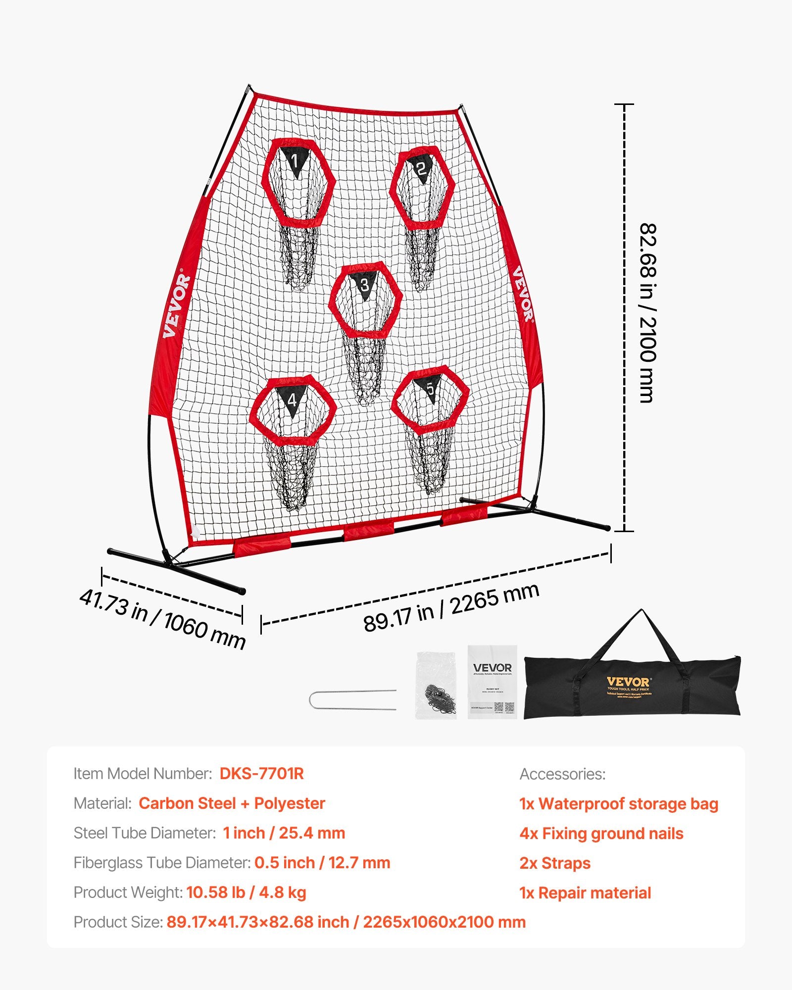 Farm Equipment: VEVOR 2133.6 x 2133.6mm Football Trainer Throwing Net, Training Throwing Target Practice Net with 5 Target Pockets, Knotless Net Includes Straps and Portable Carry Case, Improve QB Throwing Accuracy