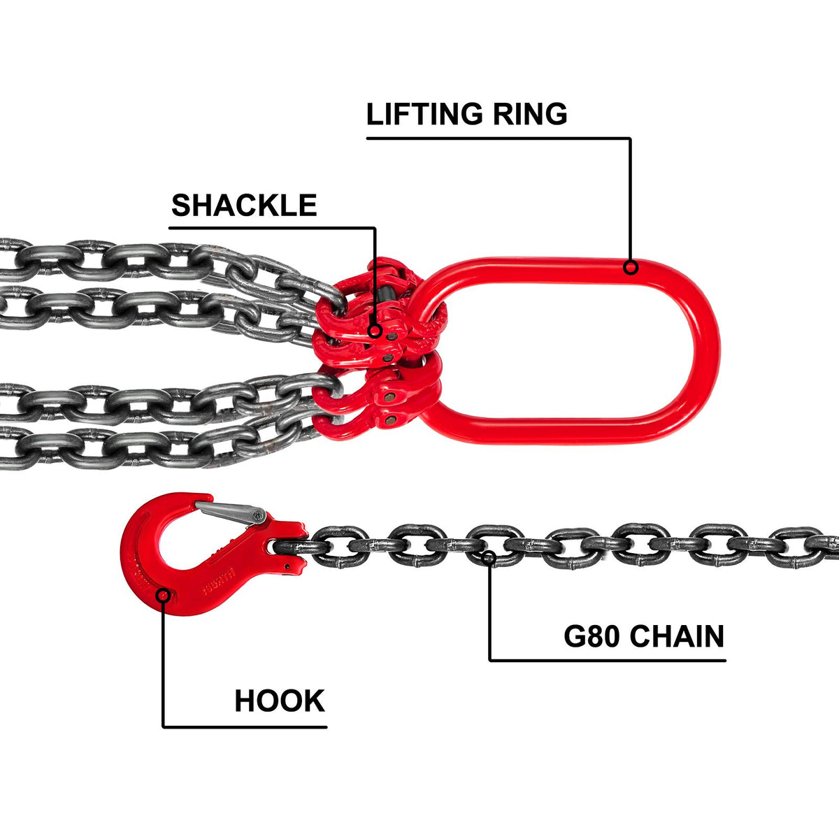 4 Legs Lifting Hook Chain Sling 2Mx8MM, 4T Lifting Chain Sling Legs Steel Factories Steel Powder Coating Lifting Chain High Temperature Resistance