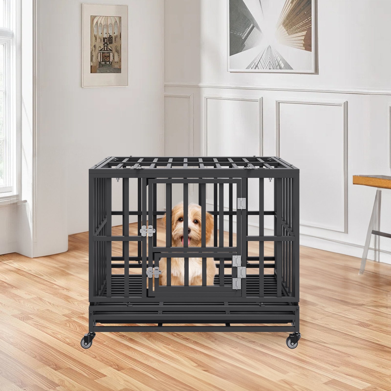Dog Kennels: VEVOR Heavy Duty Dog Crate 38 in Metal Dog Kennel with Wheels and Removable Tray