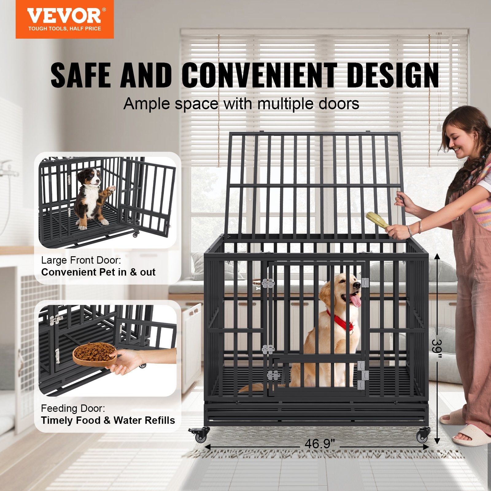 Cat Carriers & Crates: VEVOR 47 Inch Heavy Duty Dog Crate, Indestructible Dog Crate, 3-Door Heavy Duty Dog Kennel for Medium to Large Dogs with Lockable Wheels and Removable Tray, High Anxiety Dog Crate for Indoor & Outdoor