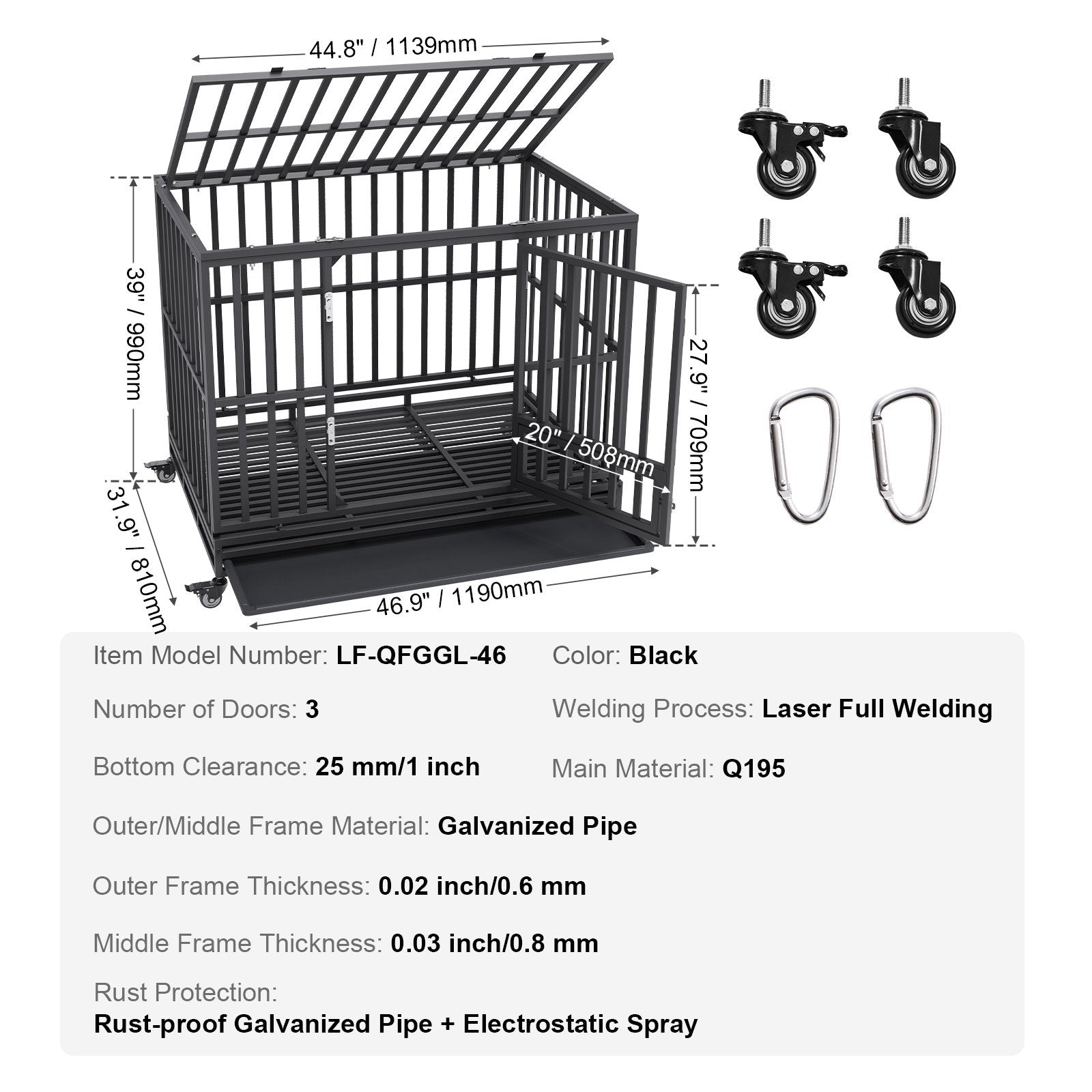 Cat Carriers & Crates: VEVOR 47 Inch Heavy Duty Dog Crate, Indestructible Dog Crate, 3-Door Heavy Duty Dog Kennel for Medium to Large Dogs with Lockable Wheels and Removable Tray, High Anxiety Dog Crate for Indoor & Outdoor