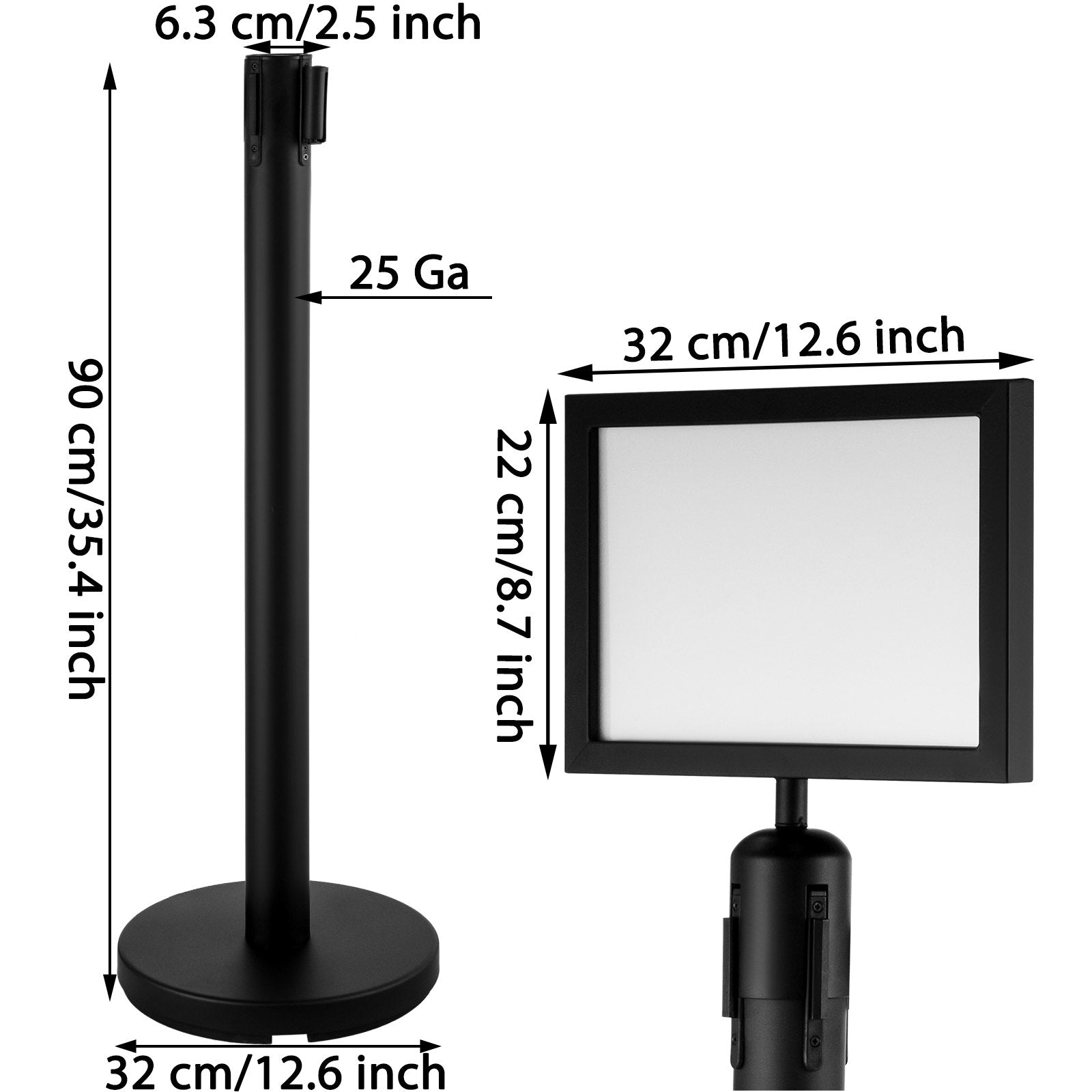 Stanchion Post Barriers 4-Set Line Dividers, Stainless Steel Stanchions with 6.6 Black Retractable Belts, Stanchions with One Sign Frame, 34.6 Queue Safety Stanchions (Balck)