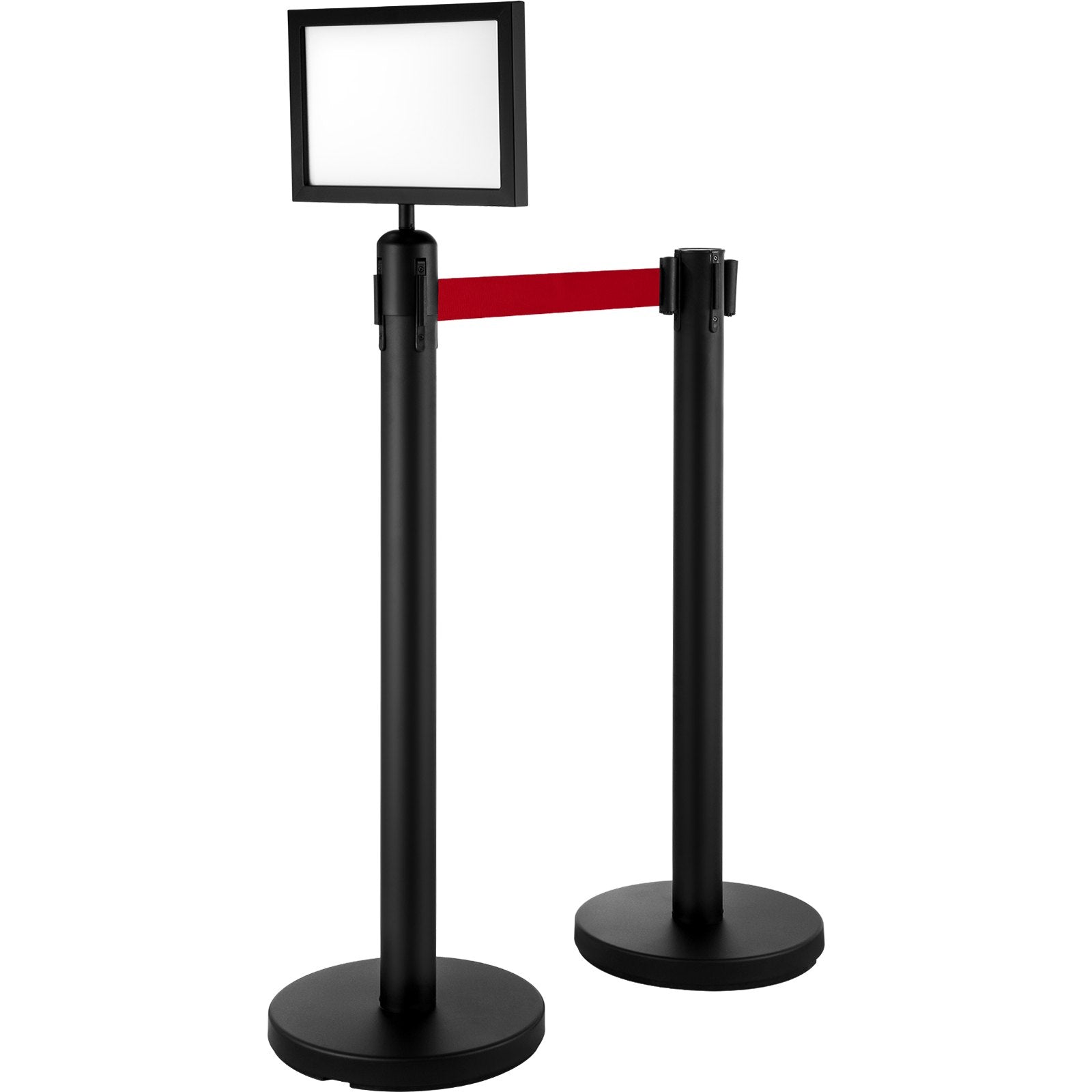 Stanchion Post Barriers 4-Set Line Dividers, Stainless Steel Stanchions with 6.6 Black Retractable Belts, Stanchions with One Sign Frame, 34.6 Queue Safety Stanchions (Balck)