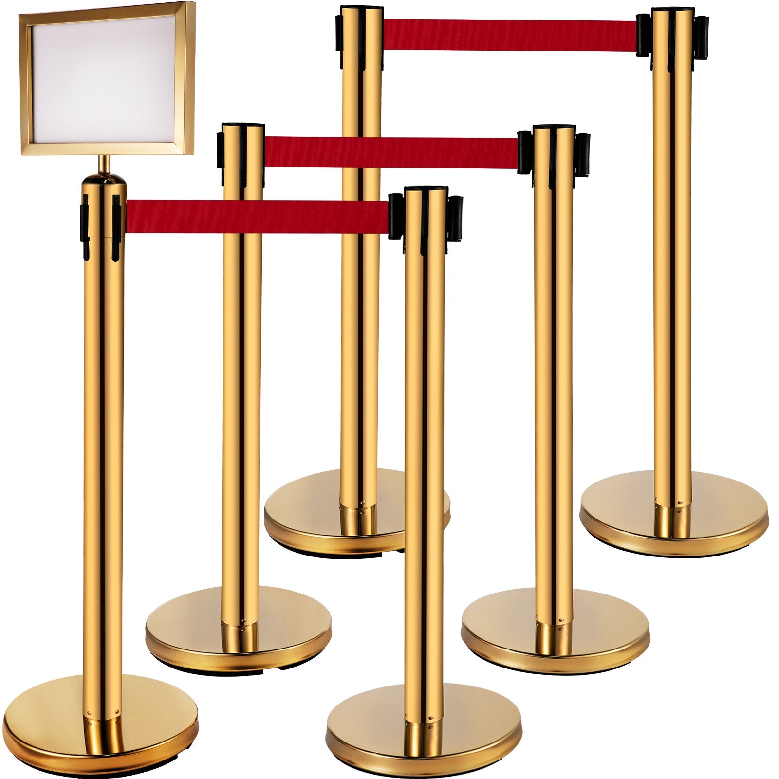 Traffic Control & Parking Tools: VEVOR Stanchion Post Barriers 6-Set Line Dividers, Stainless Steel Stanchions with 6.6 Red Retractable Belts, Stanchions with One Sign Frame, 34.6 Queue Safety Stanchions (Gold)
