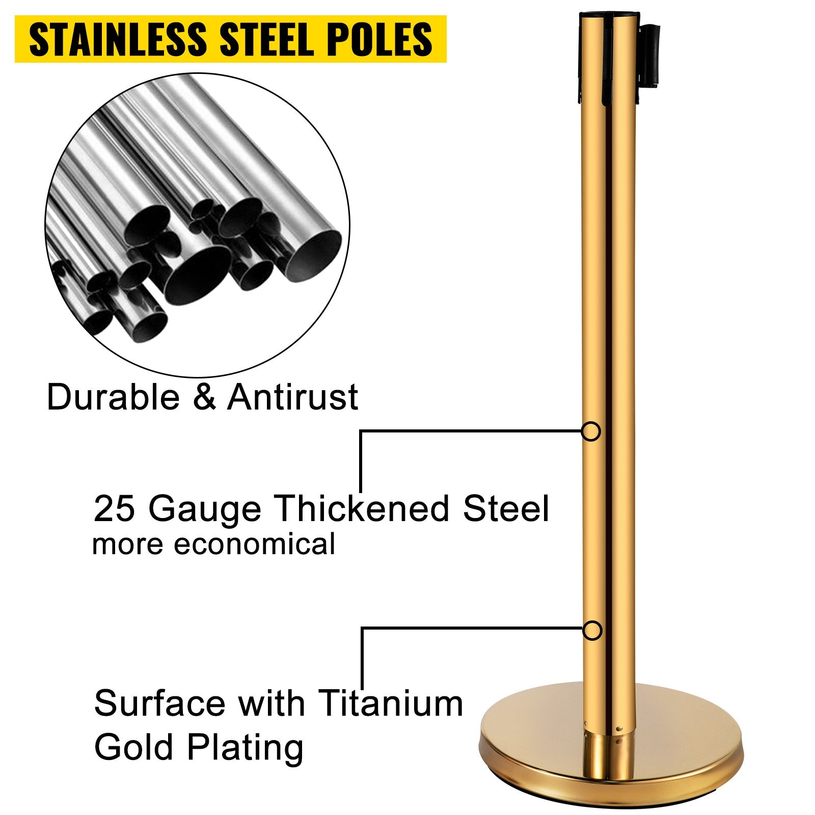 Traffic Control & Parking Tools: VEVOR Stanchion Post Barriers 6-Set Line Dividers, Stainless Steel Stanchions with 6.6 Red Retractable Belts, Stanchions with One Sign Frame, 34.6 Queue Safety Stanchions (Gold)