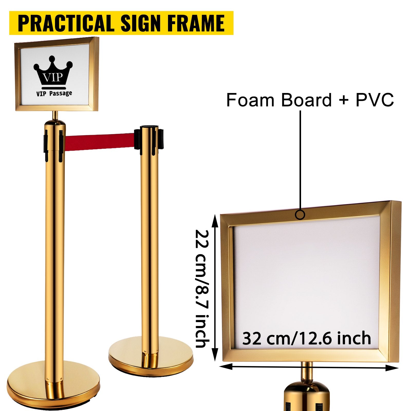 Traffic Control & Parking Tools: VEVOR Stanchion Post Barriers 6-Set Line Dividers, Stainless Steel Stanchions with 6.6 Red Retractable Belts, Stanchions with One Sign Frame, 34.6 Queue Safety Stanchions (Gold)