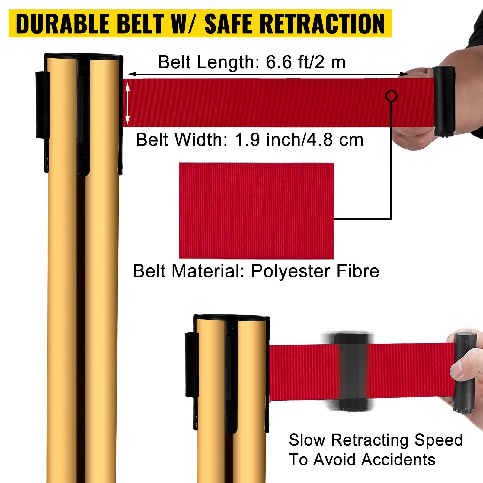 Traffic Control & Parking Tools: VEVOR Stanchion Post Barriers 6-Set Line Dividers, Stainless Steel Stanchions with 6.6 Red Retractable Belts, Stanchions with One Sign Frame, 34.6 Queue Safety Stanchions (Gold)