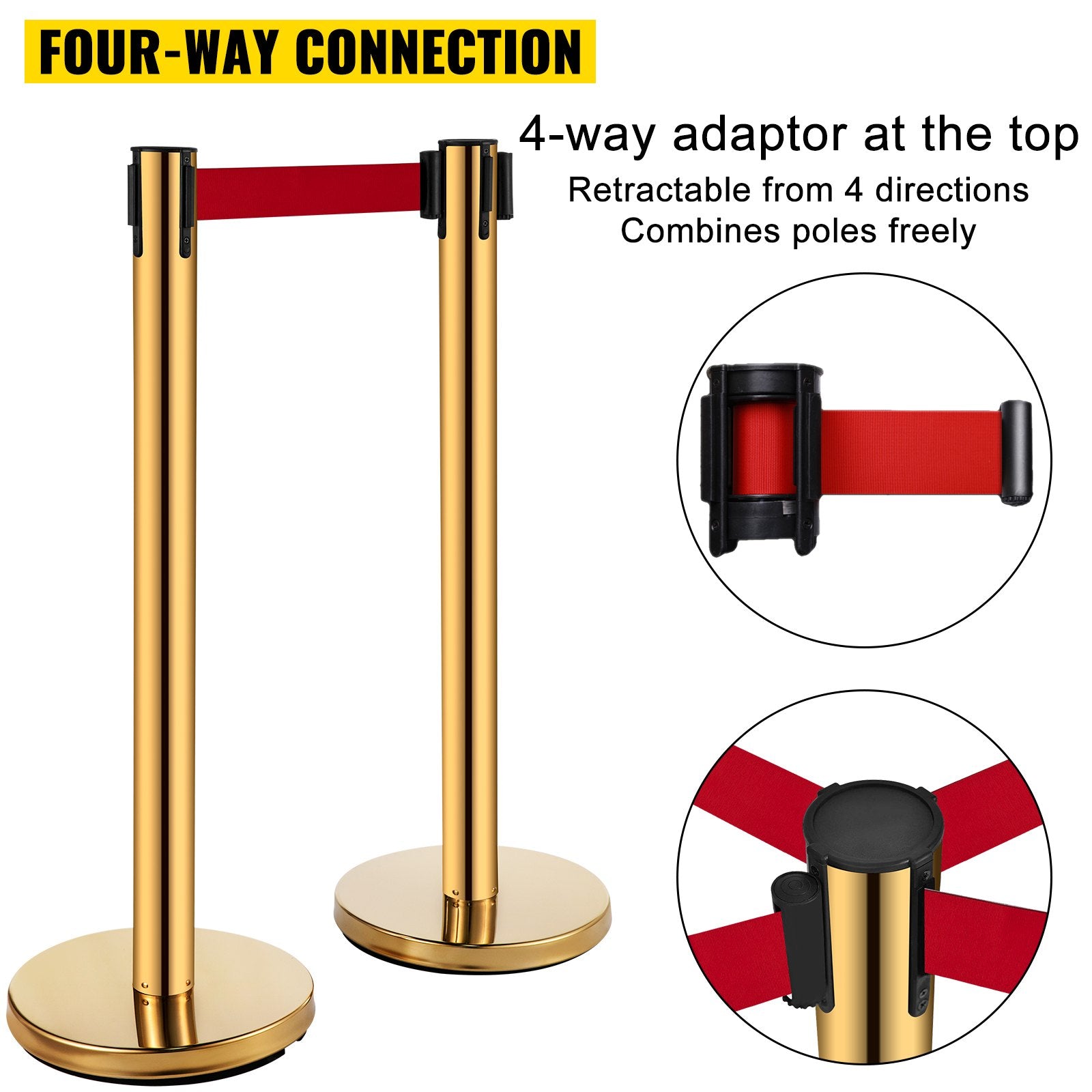 Traffic Control & Parking Tools: VEVOR Stanchion Post Barriers 6-Set Line Dividers, Stainless Steel Stanchions with 6.6 Red Retractable Belts, Stanchions with One Sign Frame, 34.6 Queue Safety Stanchions (Gold)