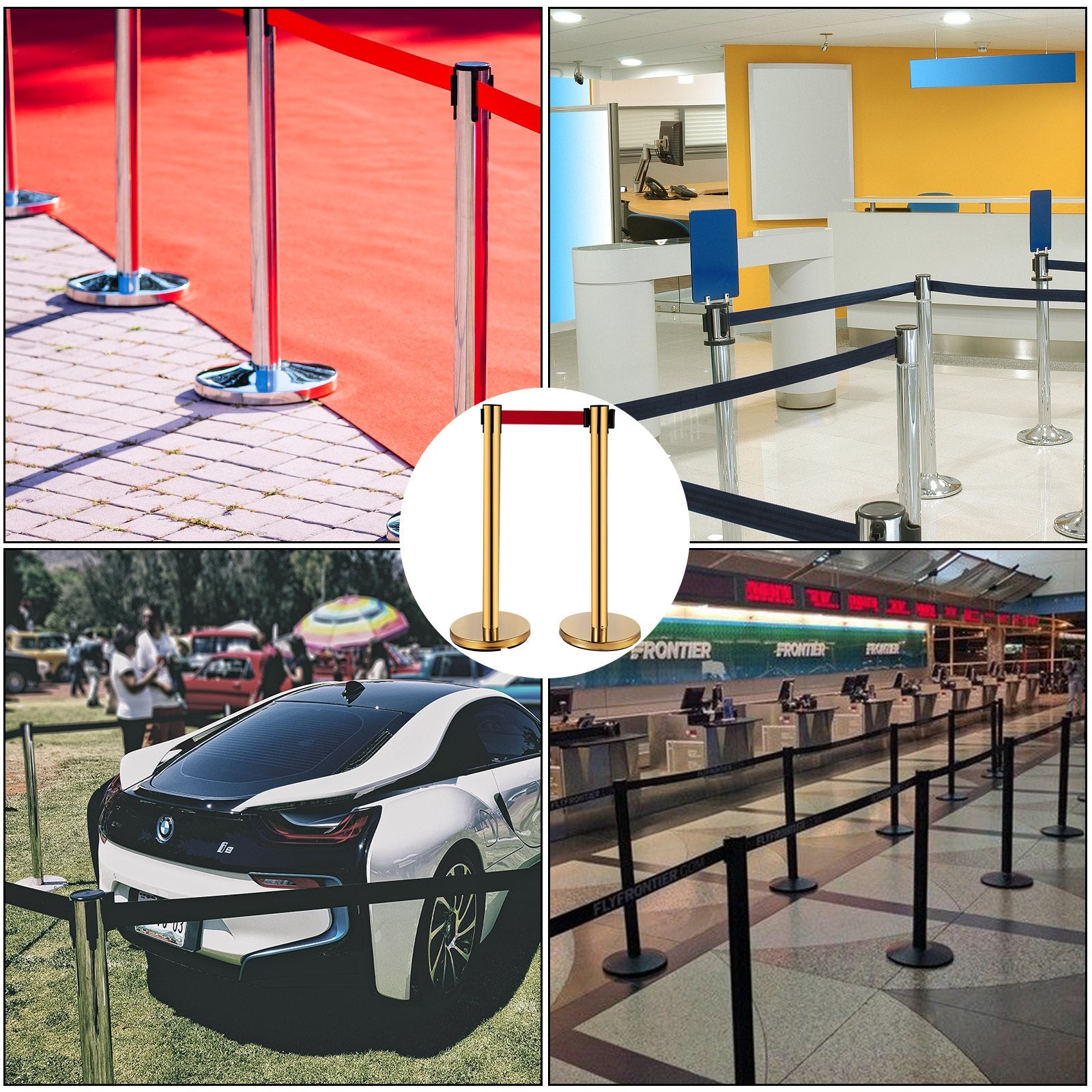 Traffic Control & Parking Tools: VEVOR Stanchion Post Barriers 6-Set Line Dividers, Stainless Steel Stanchions with 6.6 Red Retractable Belts, Stanchions with One Sign Frame, 34.6 Queue Safety Stanchions (Gold)