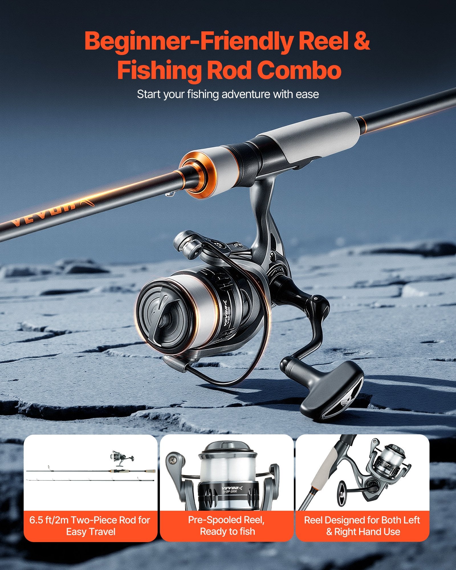 Rowing Boats: VEVOR Rod and Fishing Reel Combo, IM6 Fiberglass & Carbon Fiber Spinning Rod and Reel Combo, Bass Fishing Pole with 2m Two-Piece Rods, 6+1 Ball Bearings, Stainless Steel Guides with Ceramic Rings