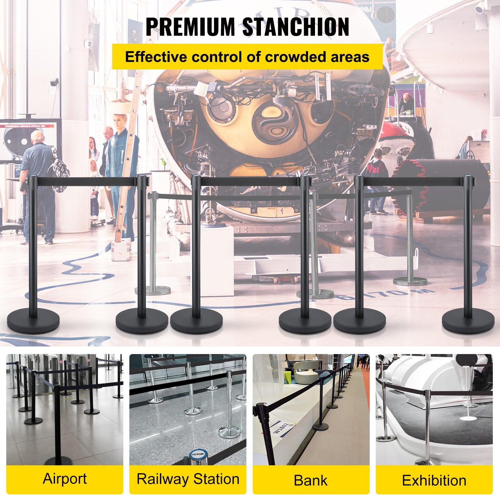 Building Toys: VEVOR Crowd Control Stanchion, Set of 6 Pieces Stanchion Set, Stanchion Set with 6.6 ft/2 m Black Retractable Belt, Black Crowd Control Barrier with Concrete and Metal Base  Easy Connect Assembly