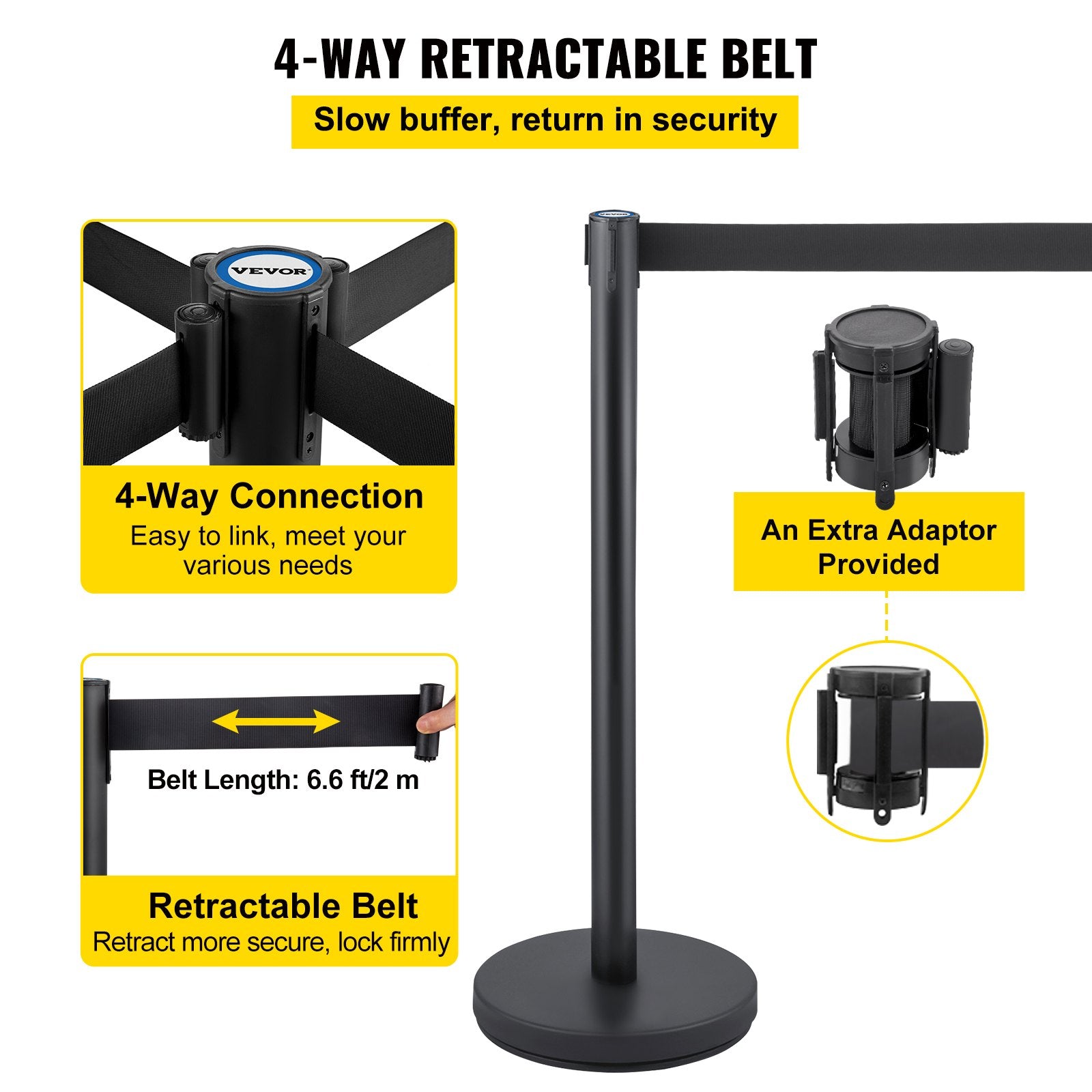 Building Toys: VEVOR Crowd Control Stanchion, Set of 6 Pieces Stanchion Set, Stanchion Set with 6.6 ft/2 m Black Retractable Belt, Black Crowd Control Barrier with Concrete and Metal Base  Easy Connect Assembly