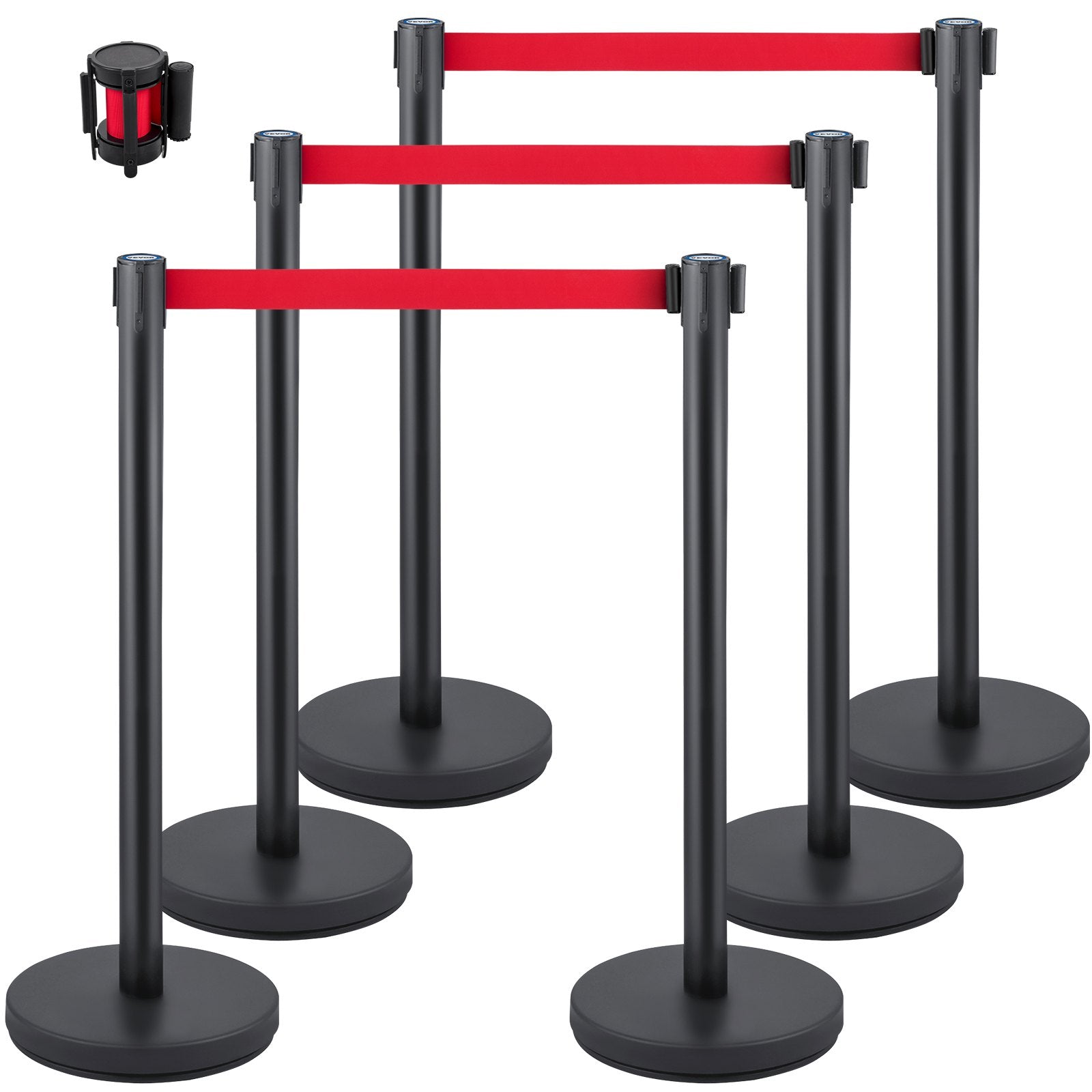 Fencing & Barriers: VEVOR Crowd Control Stanchion, Set of 6 Pieces Stanchion Set, Stanchion Set with 6.6 ft/2 m Red Retractable Belt, Crowd Control Barrier with Rubber Base  Easy Connect Assembly for Crowd Control (Black)