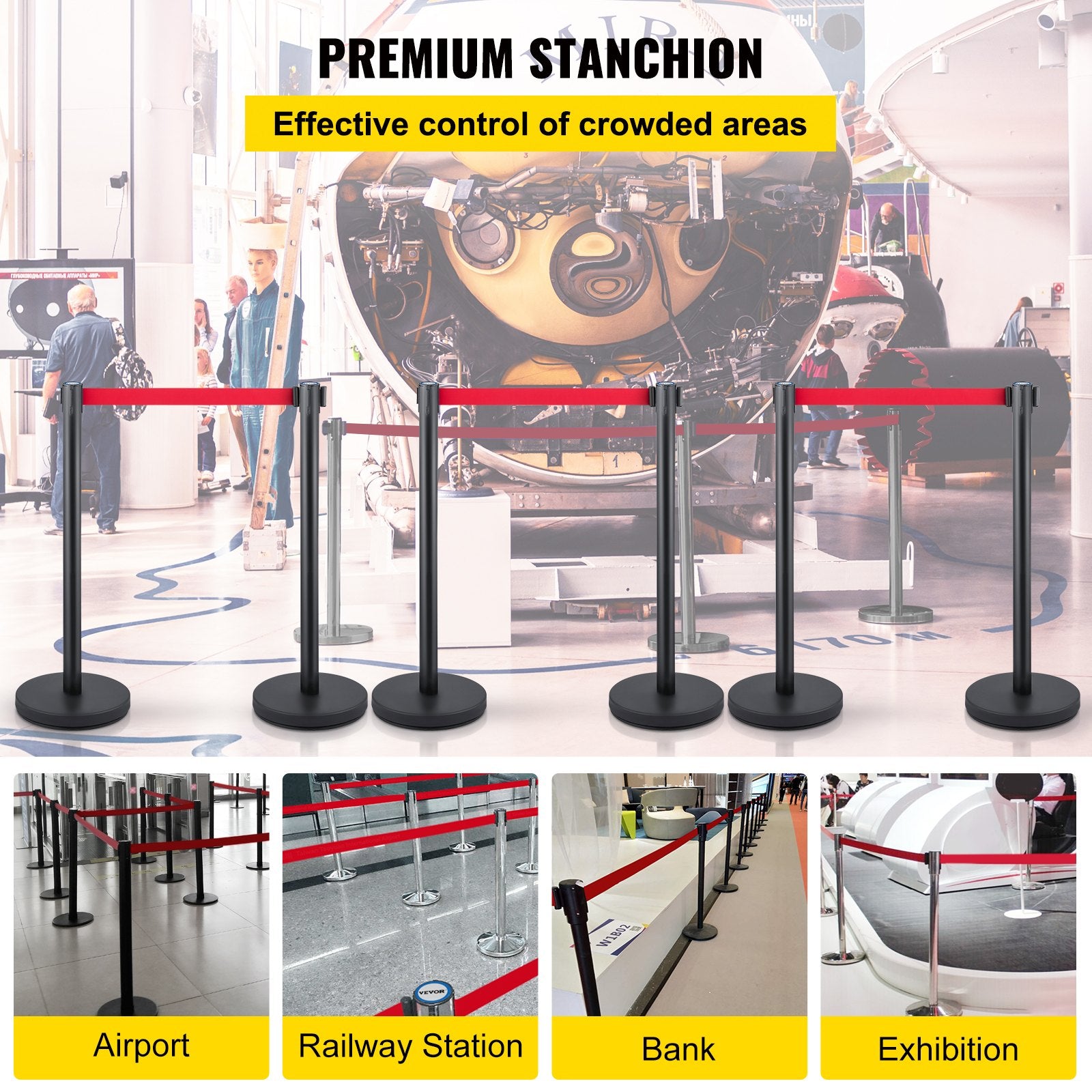 Fencing & Barriers: VEVOR Crowd Control Stanchion, Set of 6 Pieces Stanchion Set, Stanchion Set with 6.6 ft/2 m Red Retractable Belt, Crowd Control Barrier with Rubber Base  Easy Connect Assembly for Crowd Control (Black)