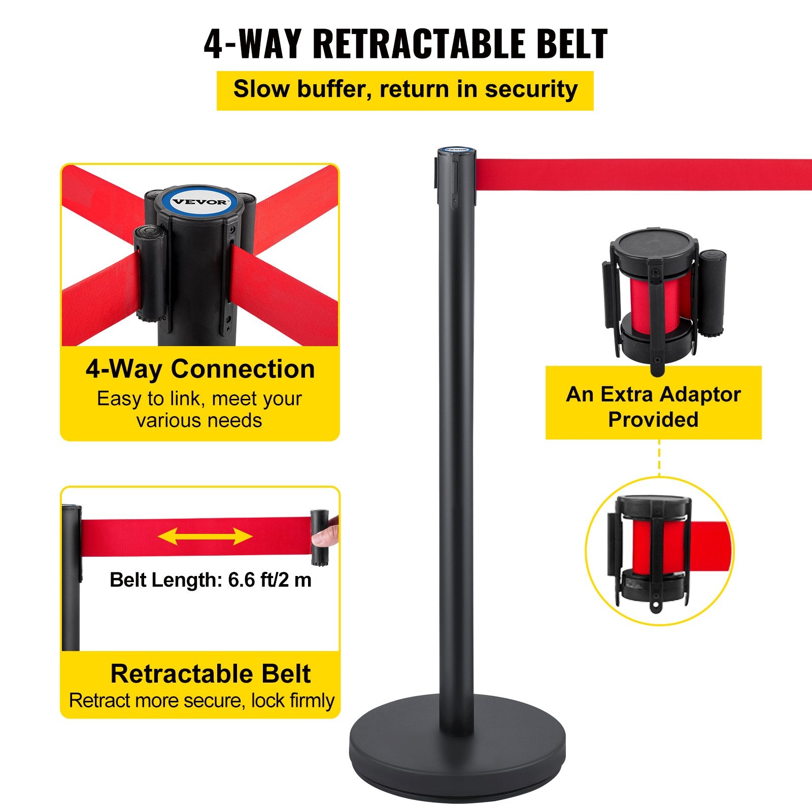 Fencing & Barriers: VEVOR Crowd Control Stanchion, Set of 6 Pieces Stanchion Set, Stanchion Set with 6.6 ft/2 m Red Retractable Belt, Crowd Control Barrier with Rubber Base  Easy Connect Assembly for Crowd Control (Black)