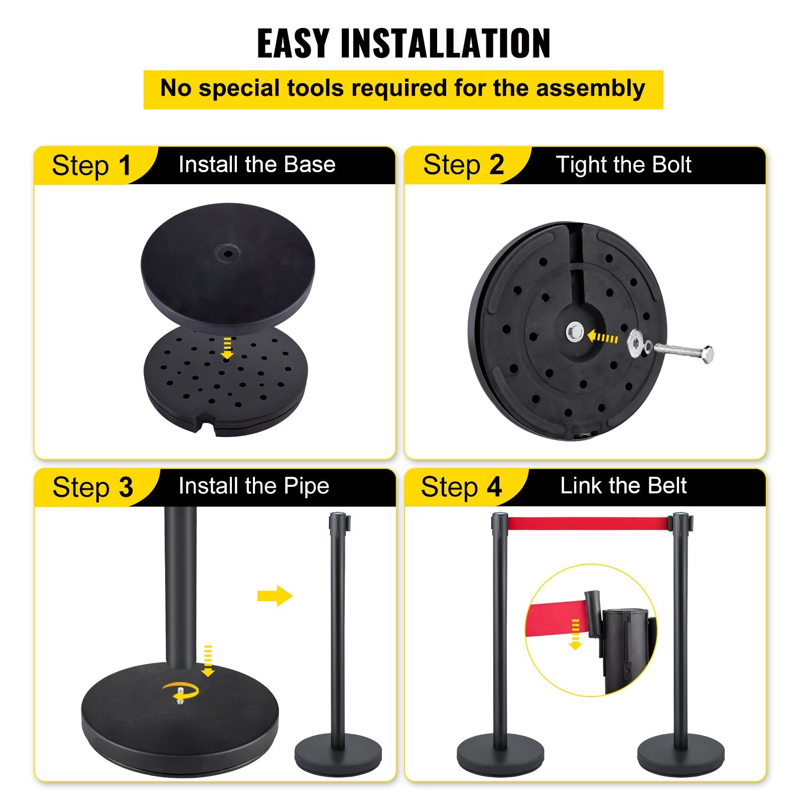 Fencing & Barriers: VEVOR Crowd Control Stanchion, Set of 6 Pieces Stanchion Set, Stanchion Set with 6.6 ft/2 m Red Retractable Belt, Crowd Control Barrier with Rubber Base  Easy Connect Assembly for Crowd Control (Black)