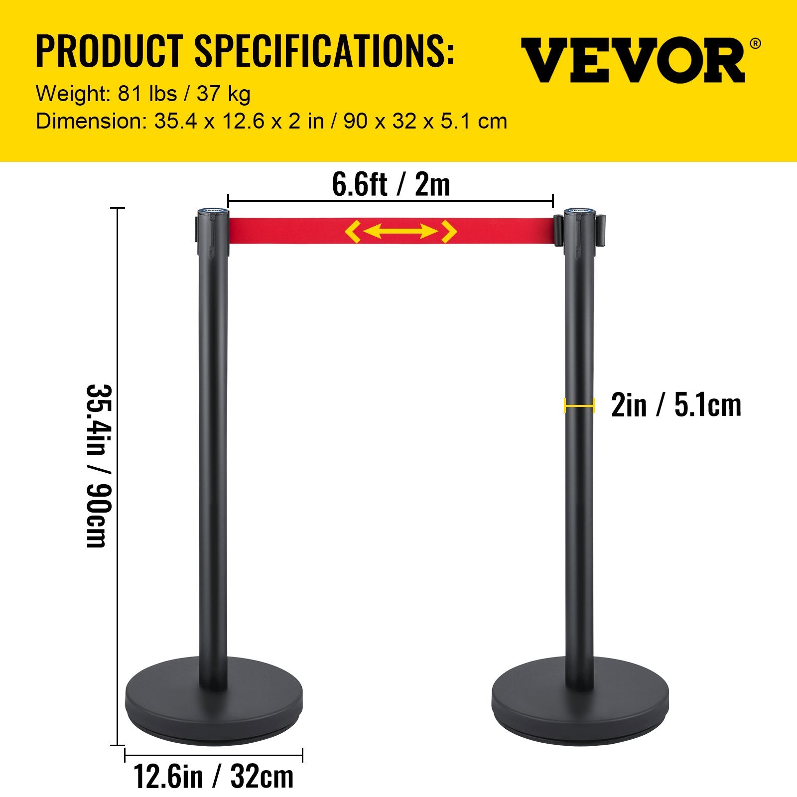 Fencing & Barriers: VEVOR Crowd Control Stanchion, Set of 6 Pieces Stanchion Set, Stanchion Set with 6.6 ft/2 m Red Retractable Belt, Crowd Control Barrier with Rubber Base  Easy Connect Assembly for Crowd Control (Black)