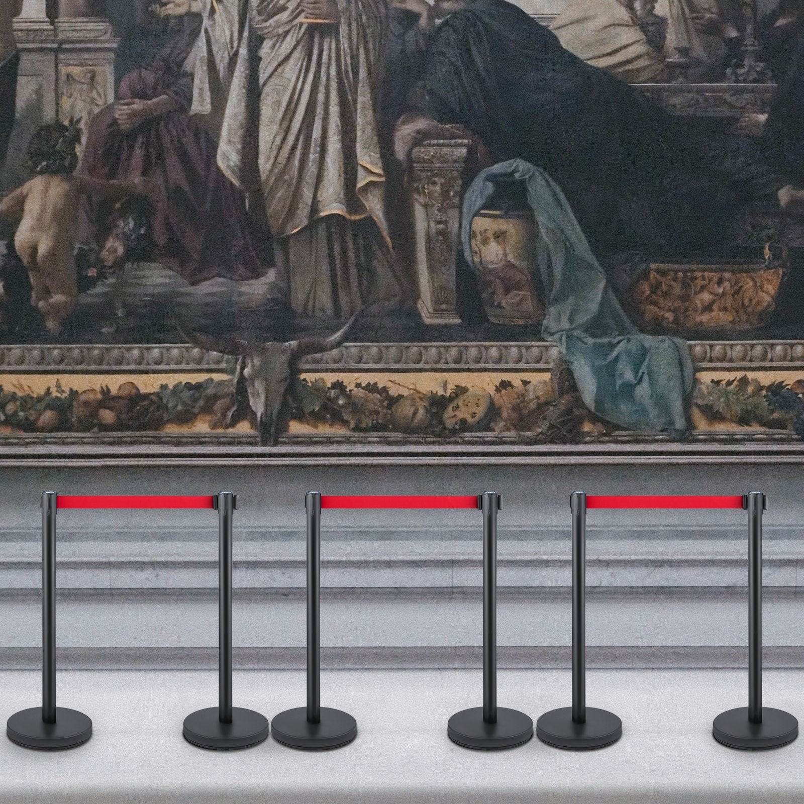 Fencing & Barriers: VEVOR Crowd Control Stanchion, Set of 6 Pieces Stanchion Set, Stanchion Set with 6.6 ft/2 m Red Retractable Belt, Crowd Control Barrier with Rubber Base  Easy Connect Assembly for Crowd Control (Black)
