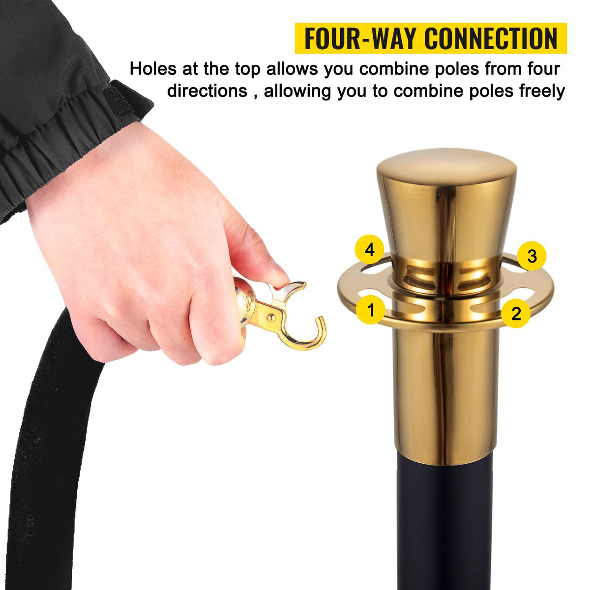Crowd Control Stanchion, Set of 6 Pieces Stanchion Set, Stanchion Set with 5 ft/1.5 m Black Velvet Rope, Black Crowd Control Barrier with Sturdy Concrete and Metal Base – Easy Connect Assembly