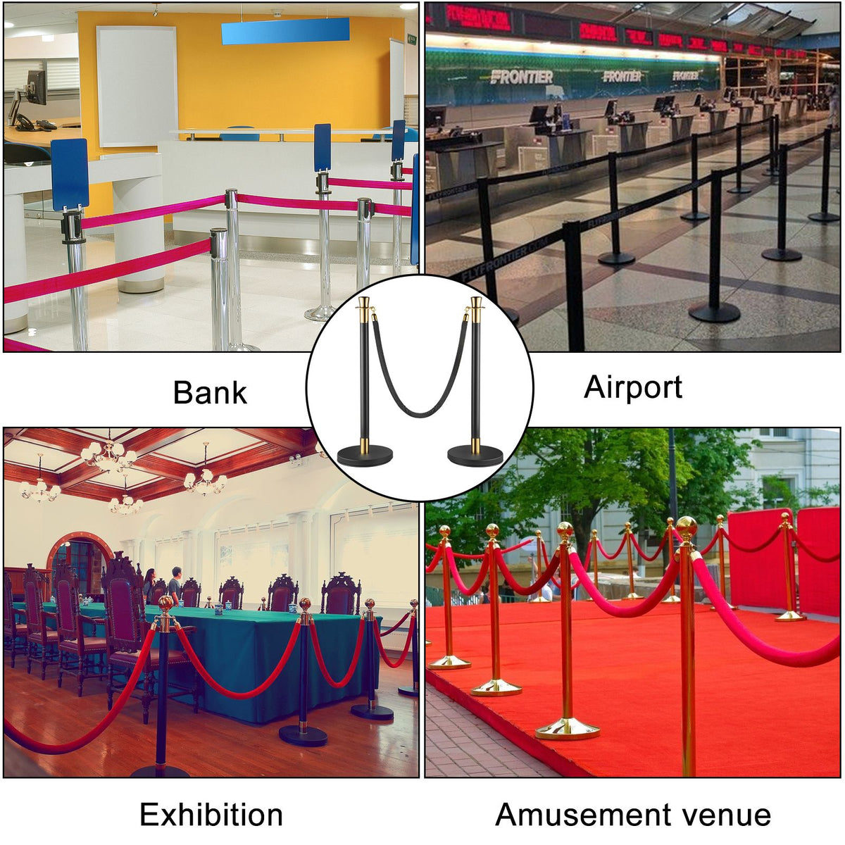 Crowd Control Stanchion, Set of 6 Pieces Stanchion Set, Stanchion Set with 5 ft/1.5 m Black Velvet Rope, Black Crowd Control Barrier with Sturdy Concrete and Metal Base – Easy Connect Assembly
